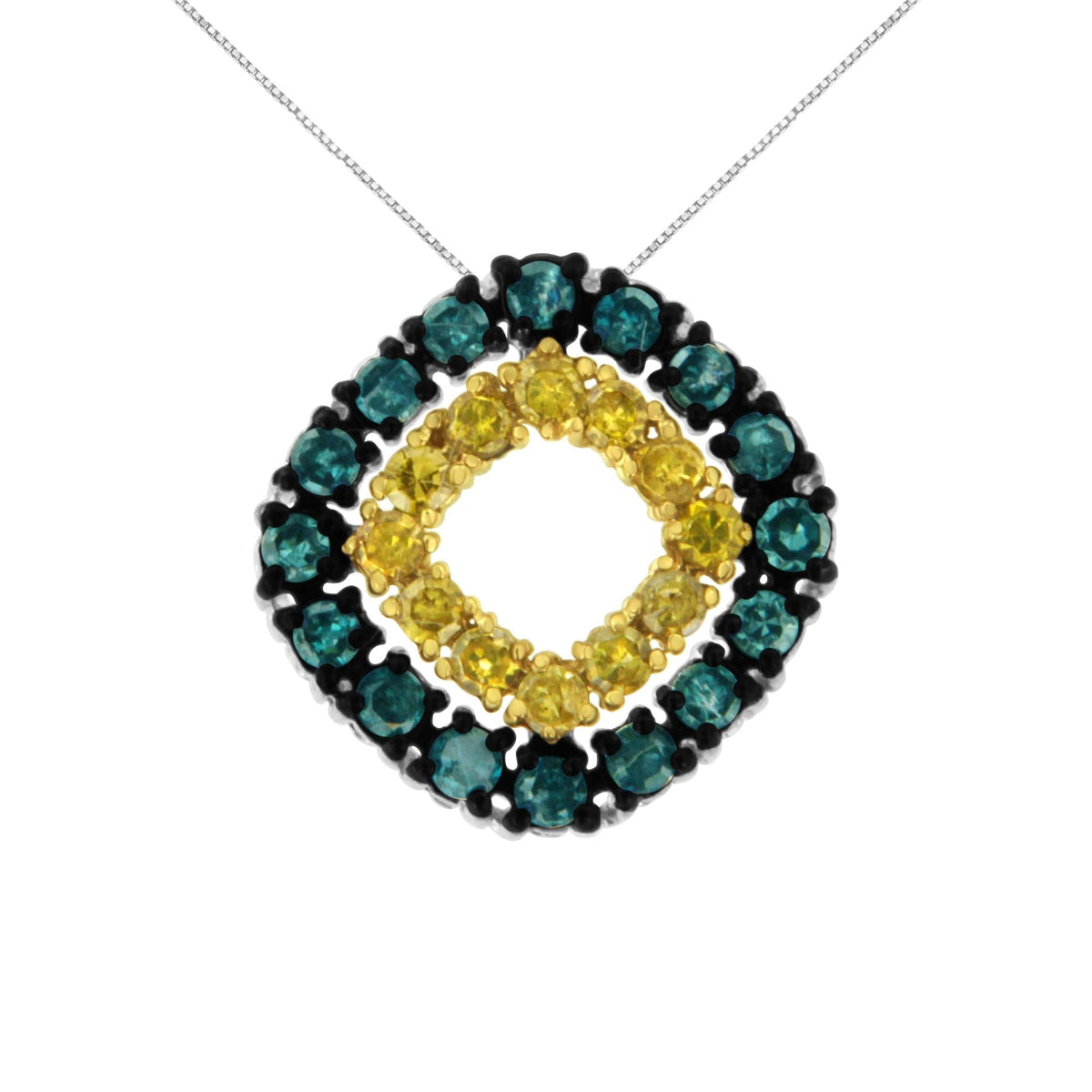 .925 Sterling Silver 1/2 Cttw Treated Blue and Yellow Diamond Double Square 18' Pendant Necklace (Blue/Yellow Color, I2-I3 Clarity)