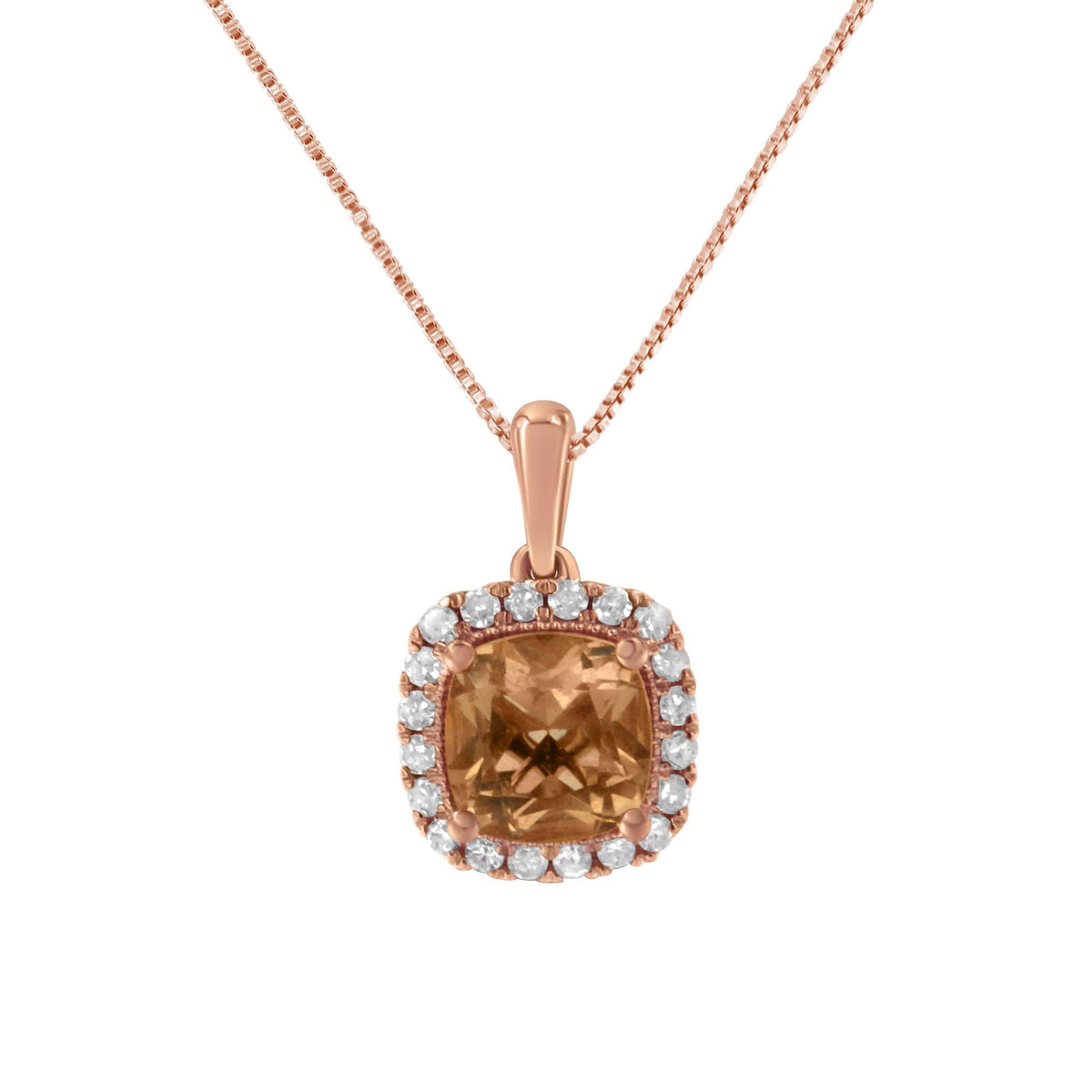 10K Rose Gold 1/4ct Diamond and 8MM Peach Morganite Gemstone Square Pendant (H-I, I1-I2)
