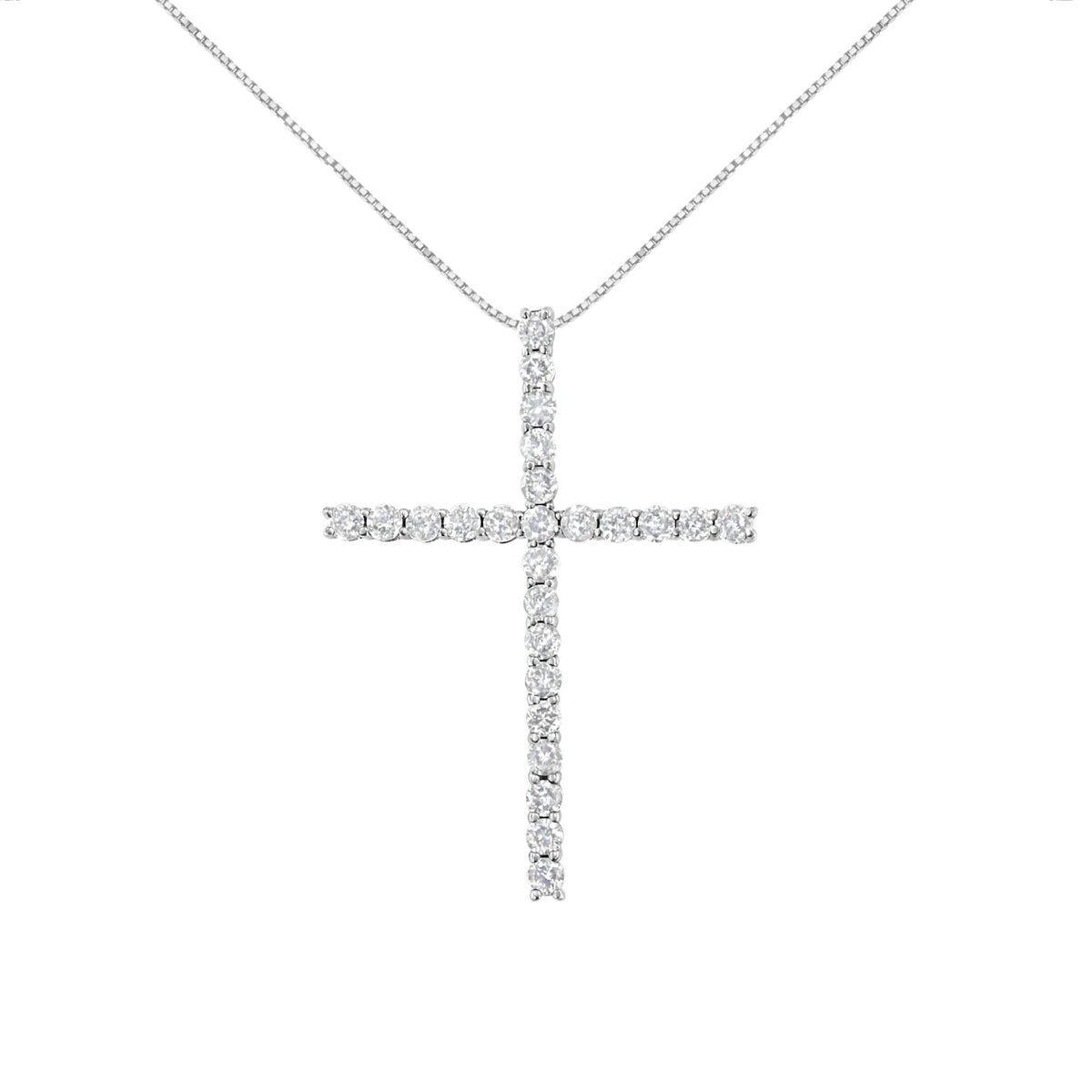 .925 Sterling Silver 2.0 Cttw Round Shape Diamond 1-1/4' Cross Pendant with Box Chain Necklace (I-J Color, I1-I2 Clarity) - 18'