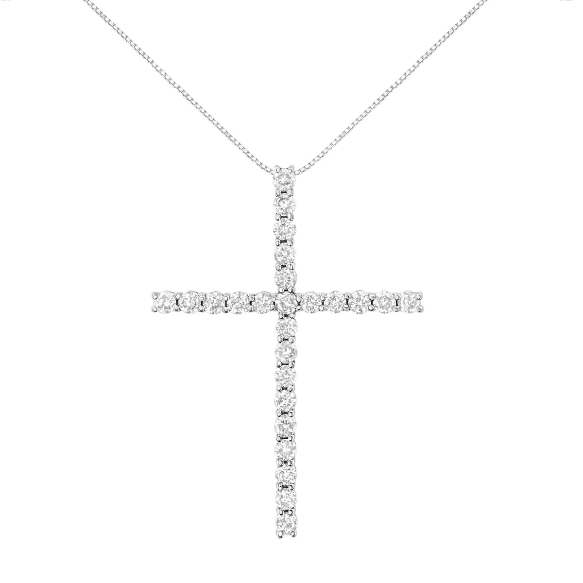 .925 Sterling Silver 3.0 Cttw Round Shape Diamond 1-1/2' Cross Pendant with Box Chain Necklace (J-K Color, I2-I3 Clarity) - 18'