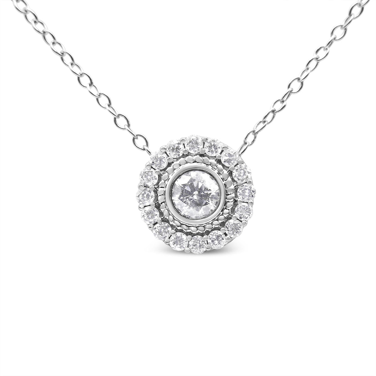 .925 Sterling Silver 1/2 Cttw Round Diamond Halo Circle Pendant 18' Necklace (I-J Color, I2-I3 Clarity)