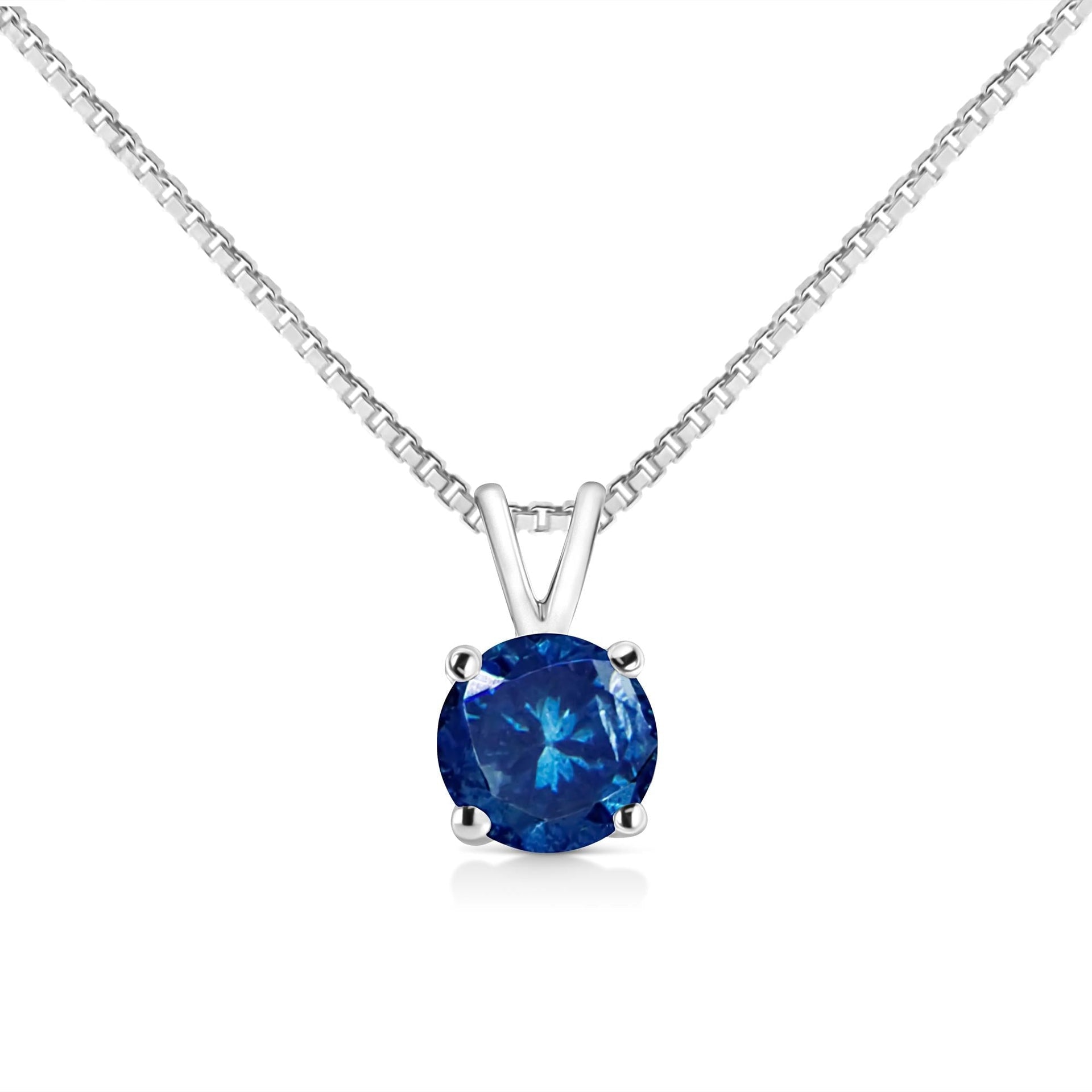 10K White Gold Round Brilliant Cut Lab Grown Blue Diamond 4-Prong Solitaire Pendant Necklace (Blue Color, VS2-SI1 Clarity) - 18'