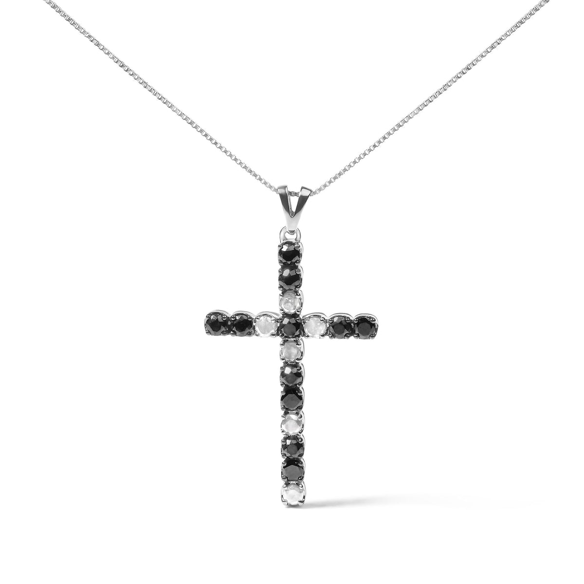 .925 Sterling Silver 1.0 Cttw Black and White Diamond Alternating Classic Cross 18' Pendant Necklace (Black/I-J Color, I3 Clarity)'