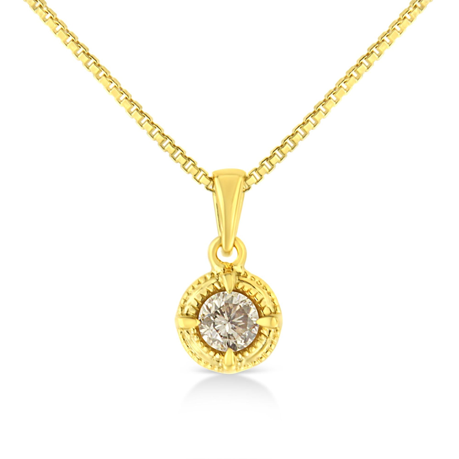 14K Yellow Gold Plated .925 Sterling Silver Brilliant Round Cut Diamond Solitaire Milgrain 18' Pendant Necklace
