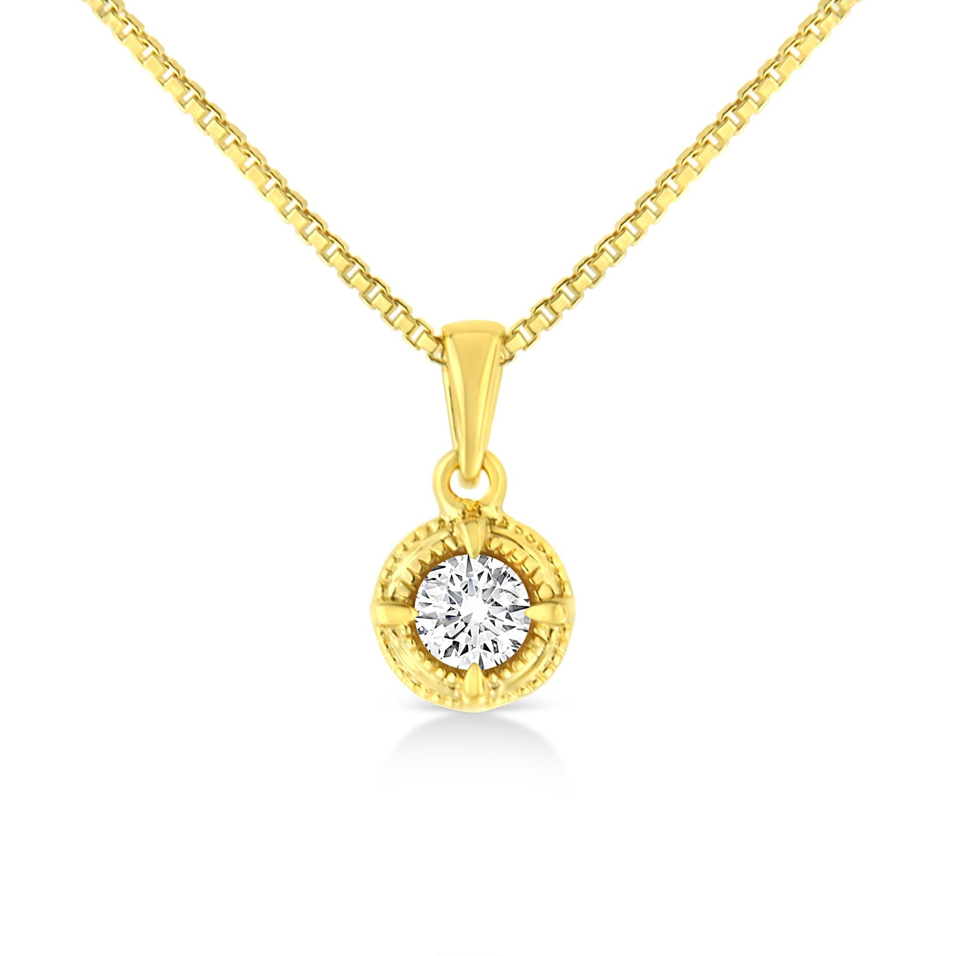 14K Yellow Gold Plated .925 Sterling Silver Brilliant Round Cut Diamond Solitaire Milgrain 18' Pendant Necklace