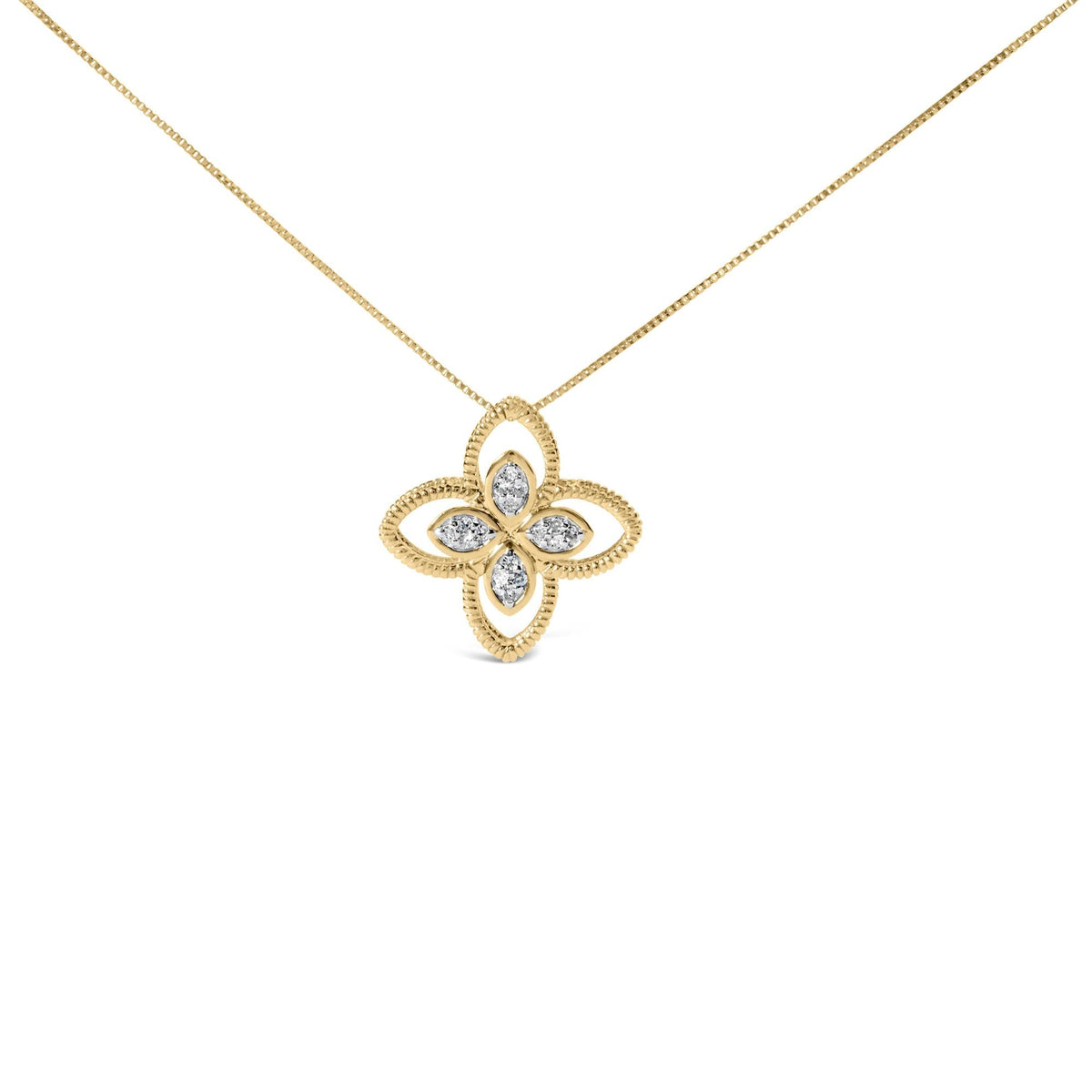 10K Yellow Gold 1/10 Cttw Diamond Floral Motif with Beaded Halo Pendant 18' Necklace (I-J Color, I1-I2 Clarity)