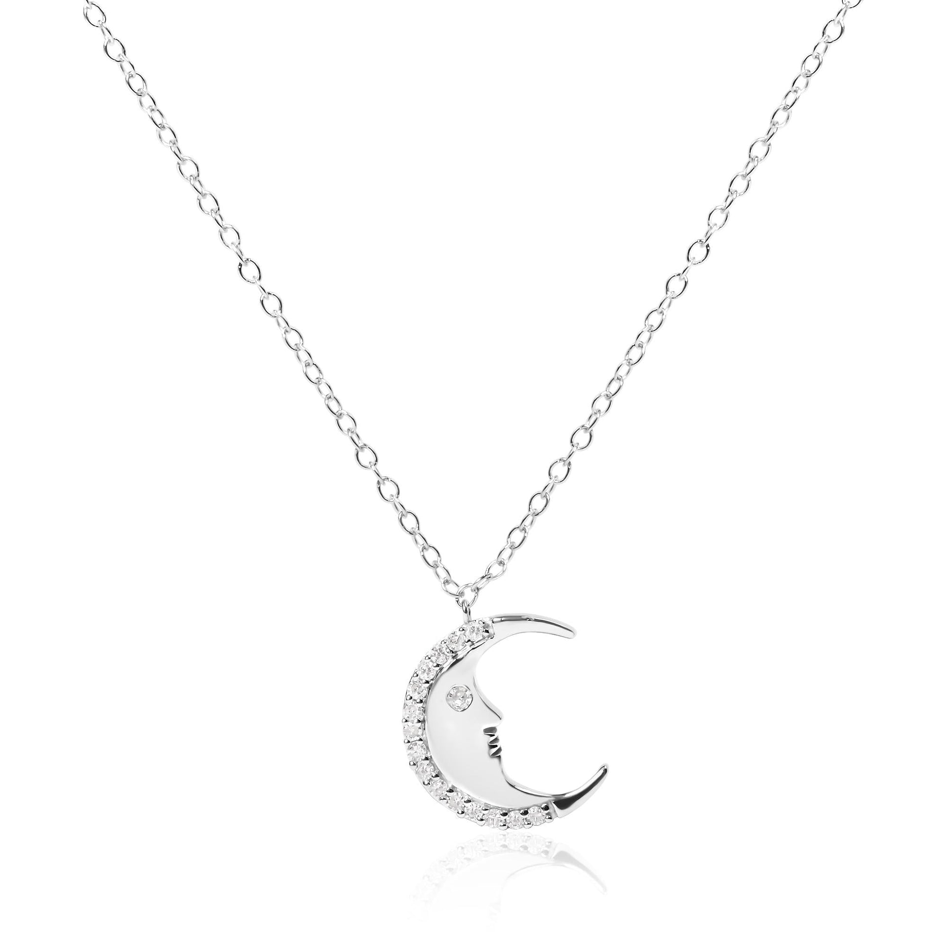 .925 Sterling Silver 1/10ct Diamond Crescent Man on the Moon 18' Pendant Necklace (H-I Color, SI1-SI2 Clarity)