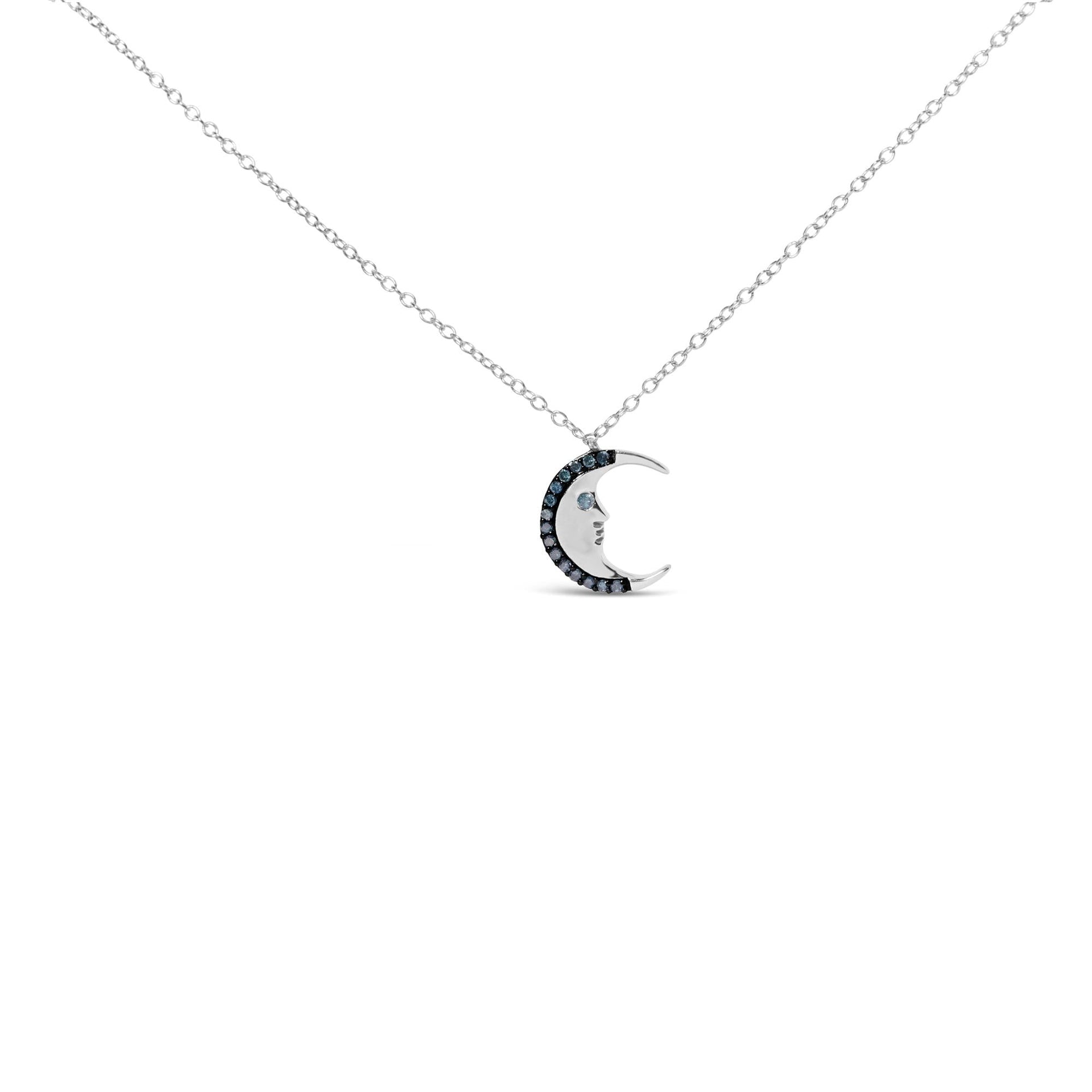 .925 Sterling Silver 1/10ct Blue Diamond Crescent Man on the Moon 18' Pendant Necklace (Blue Color, SI1-SI2 Clarity)