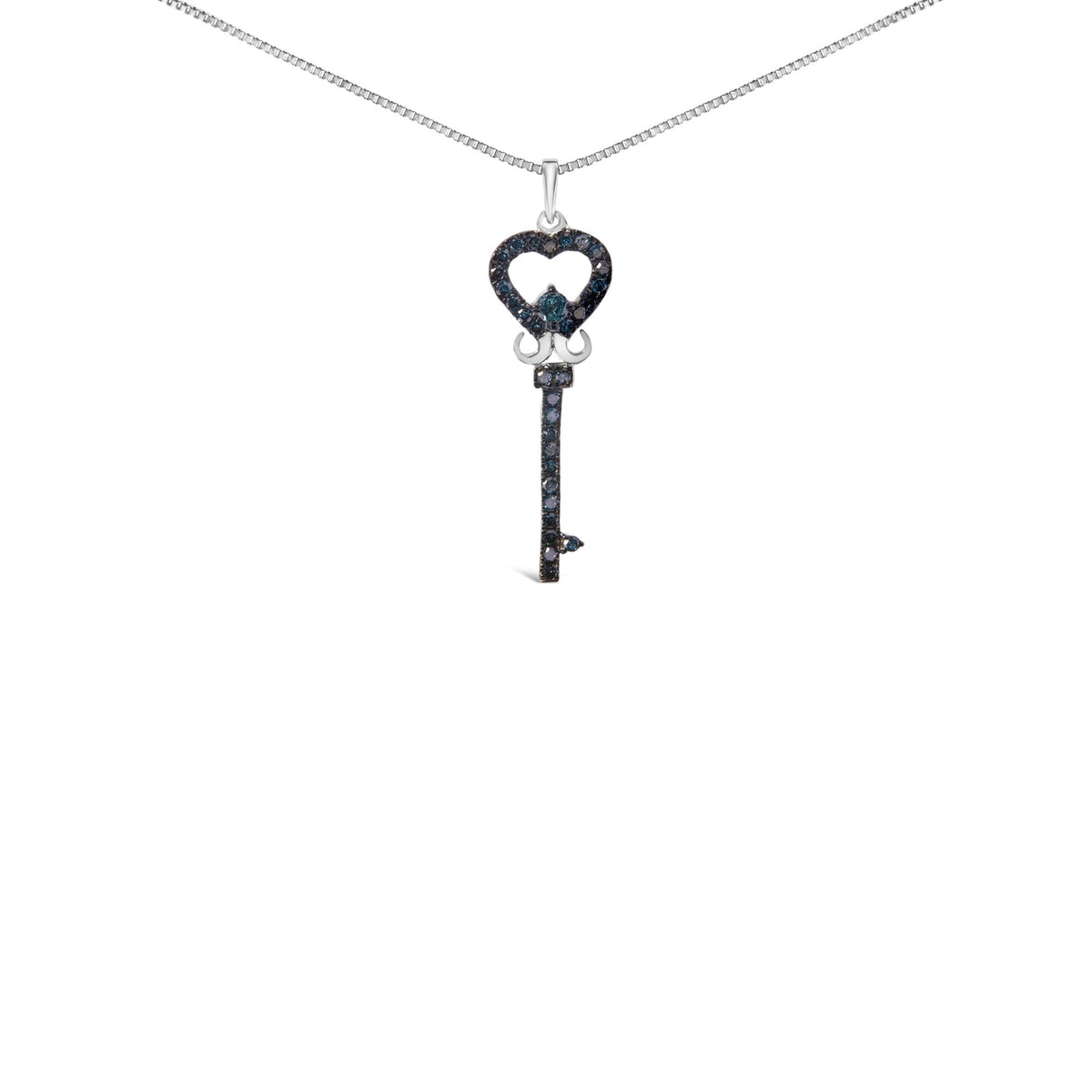 .925 Sterling Silver 1/3 Ctw Blue Diamond Studded Key 18' Pendant Necklace (Blue Color, I2-I3 Clarity)