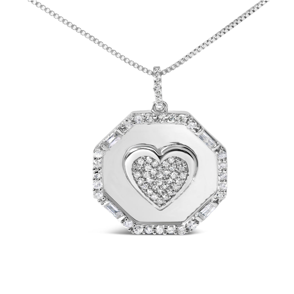 .925 Sterling Silver 5/8 Cttw Diamond Mirror Plate with Heart and Diamond Halo 18' Pendant Necklace (H-I Color, I2-I3 Clarity)