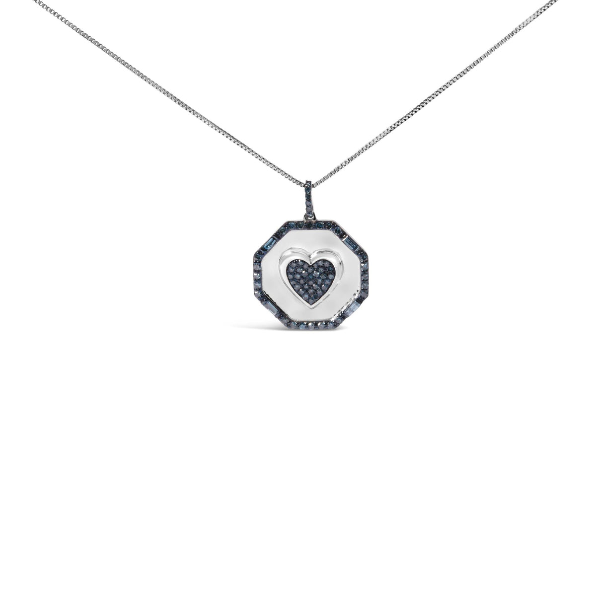 .925 Sterling Silver 5/8 Cttw Blue Diamond Mirror Plate with Heart and Diamond Halo 18' Pendant Necklace (Blue Color, I2-I3 Clarity)