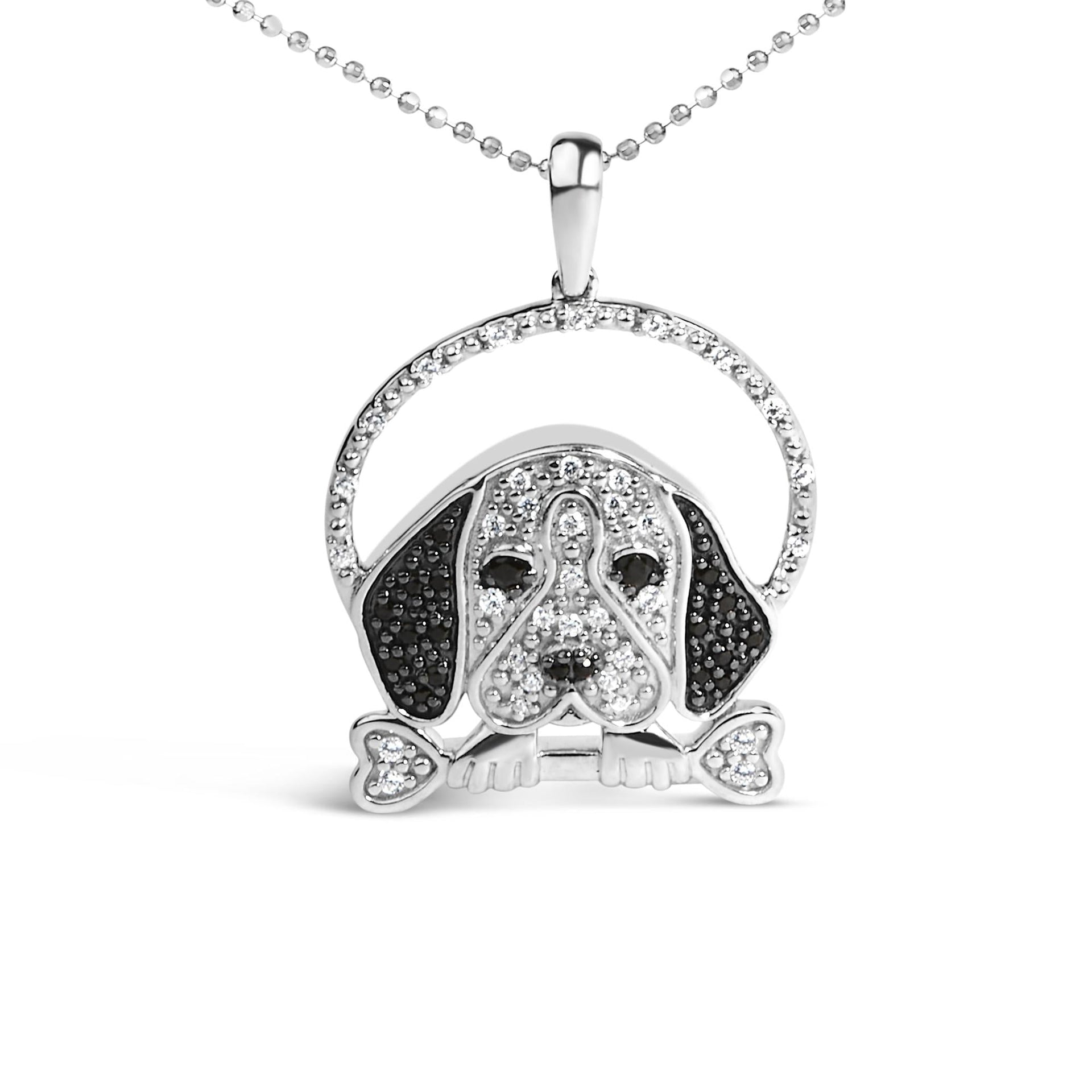 .925 Sterling Silver 1/4 Cttw White and Black Diamond Beagle Dog and Bone Pendant Necklace (I-J Color, I2-I3 Clarity) - 18' Inches