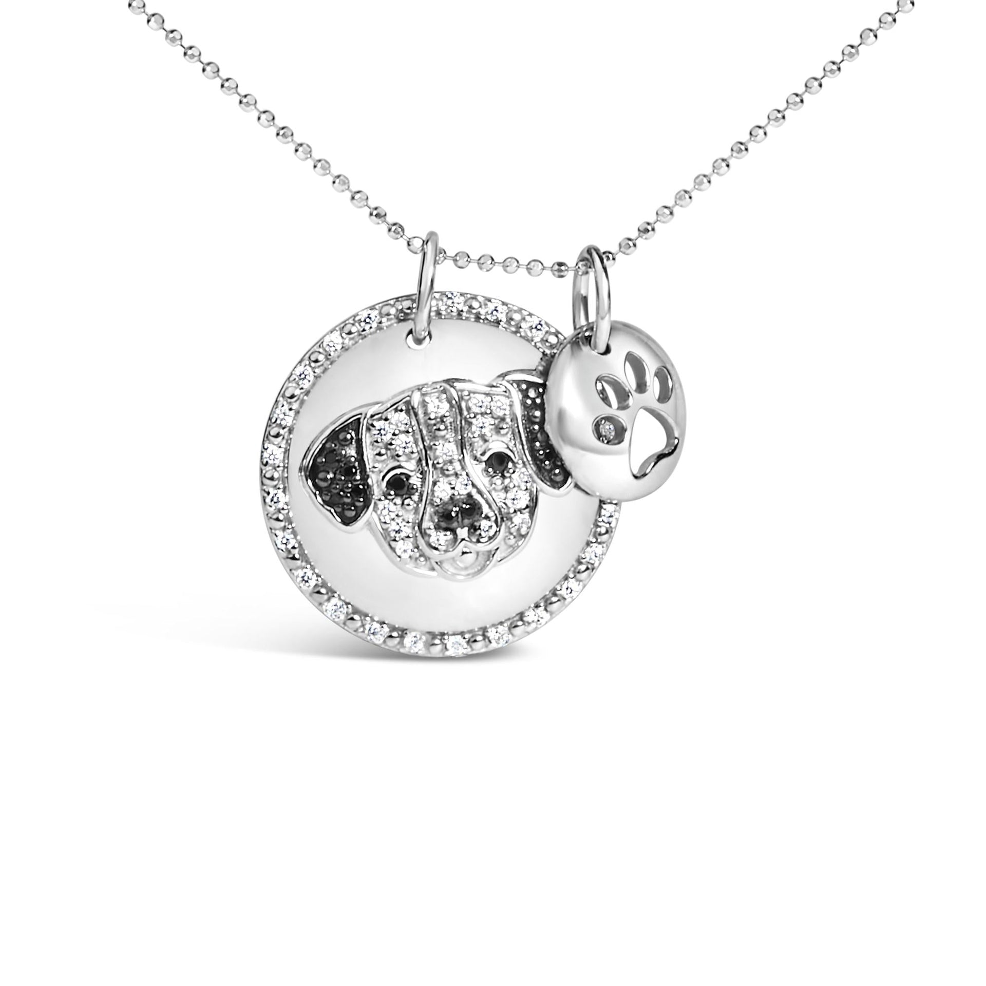 .925 Sterling Silver 1/4 Cttw White and Black Diamond Pitbull Dog Medallion and Charm 18' Pendant Necklace (I-J Color, I2-I3 Clarity)