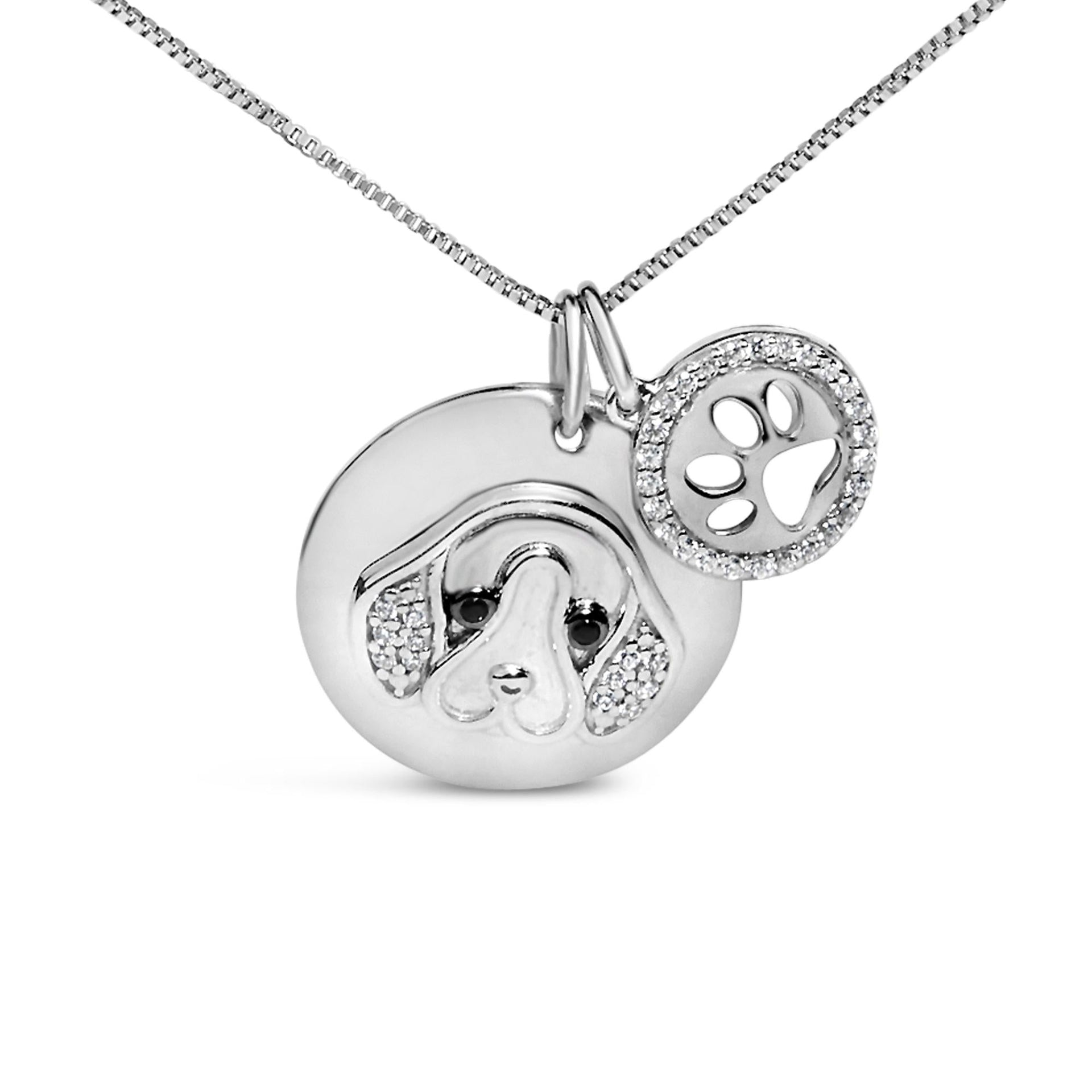 .925 Sterling Silver 1/5 Cttw White and Black Diamond Beagle Dog Medallion and Charm 18' Pendant Necklace (I-J Color, I2-I3 Clarity)