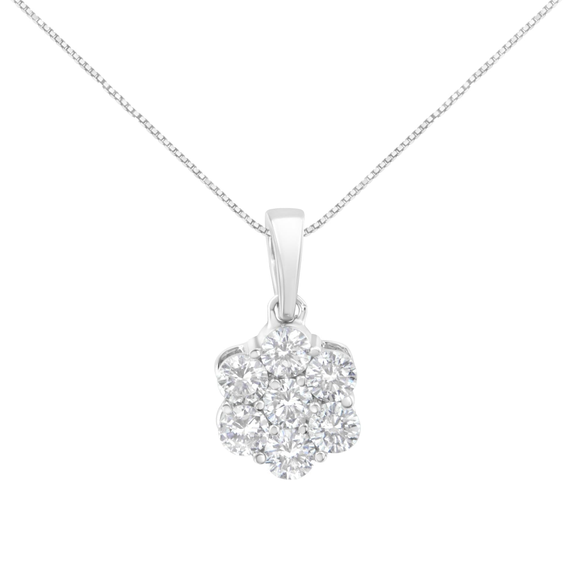 14K White Gold 1 cttw Brilliant Round-Cut Diamond 7 Stone Flower 18' Pendant Necklace (F-G Color, VS1-VS2 Clarity)