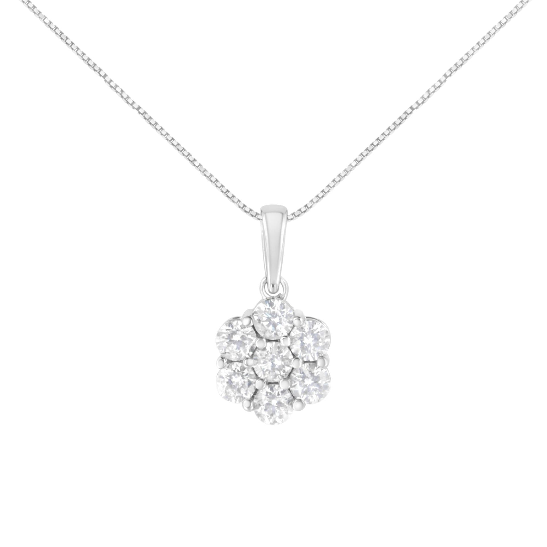 14K White Gold 2.00 Cttw Brilliant Round-Cut Diamond 7 Stone Flower Cluster 18' Pendant Necklace (H-I Color, SI2-I1 Clarity)