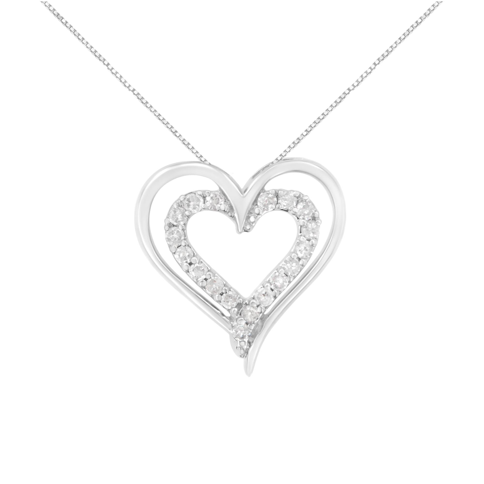 925 Sterling Silver 1/4 cttw Diamond Open Double Heart 18' Pendant Ne