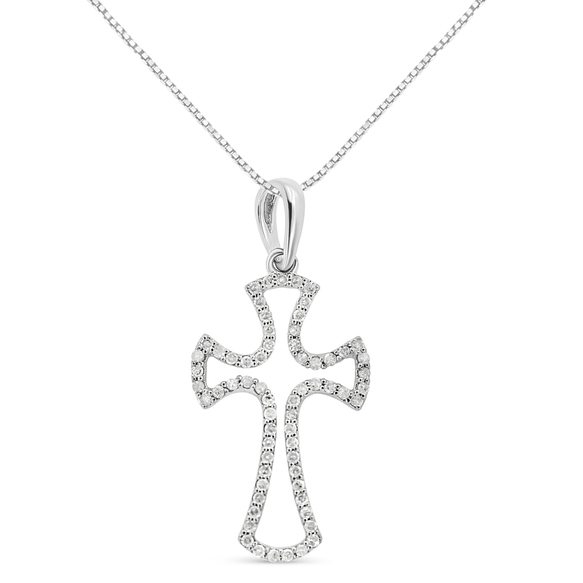.925 Sterling Silver 1/3 Cttw Diamond Framed Open Cross 18' Pendant Necklace (J-K Color, I2-I3 Clarity)