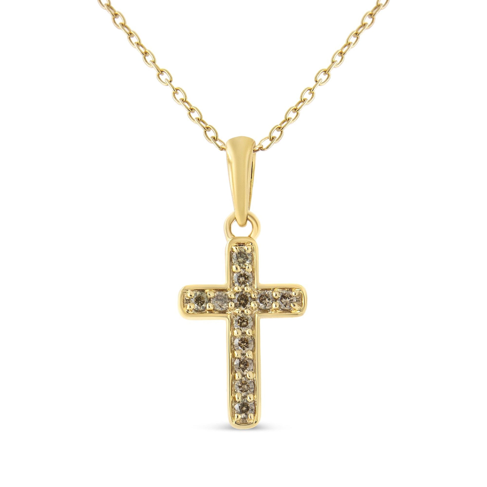 10K Yellow Gold Flashed .925 Sterling Silver 1/4 Cttw Champagne Diamond Cross Pendant Necklace (K-L Color, I1-I2 Clarity) - 18'