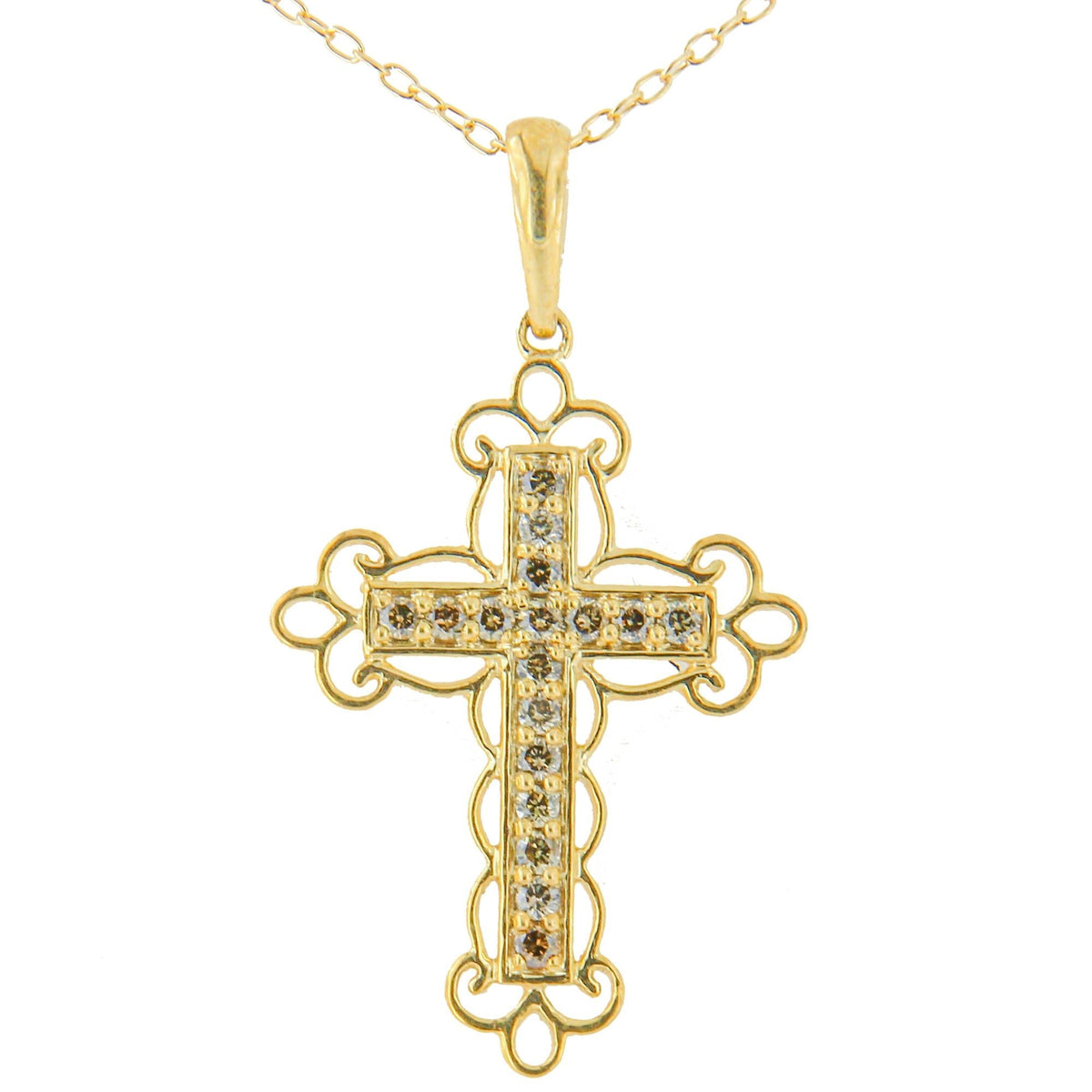 10K Yellow Flashed .925 Sterling Silver 1/4 Cttw Champagne Diamond Filigree Cross Pendant Necklace (K-L Color, I1-I2 Clarity) - 18'