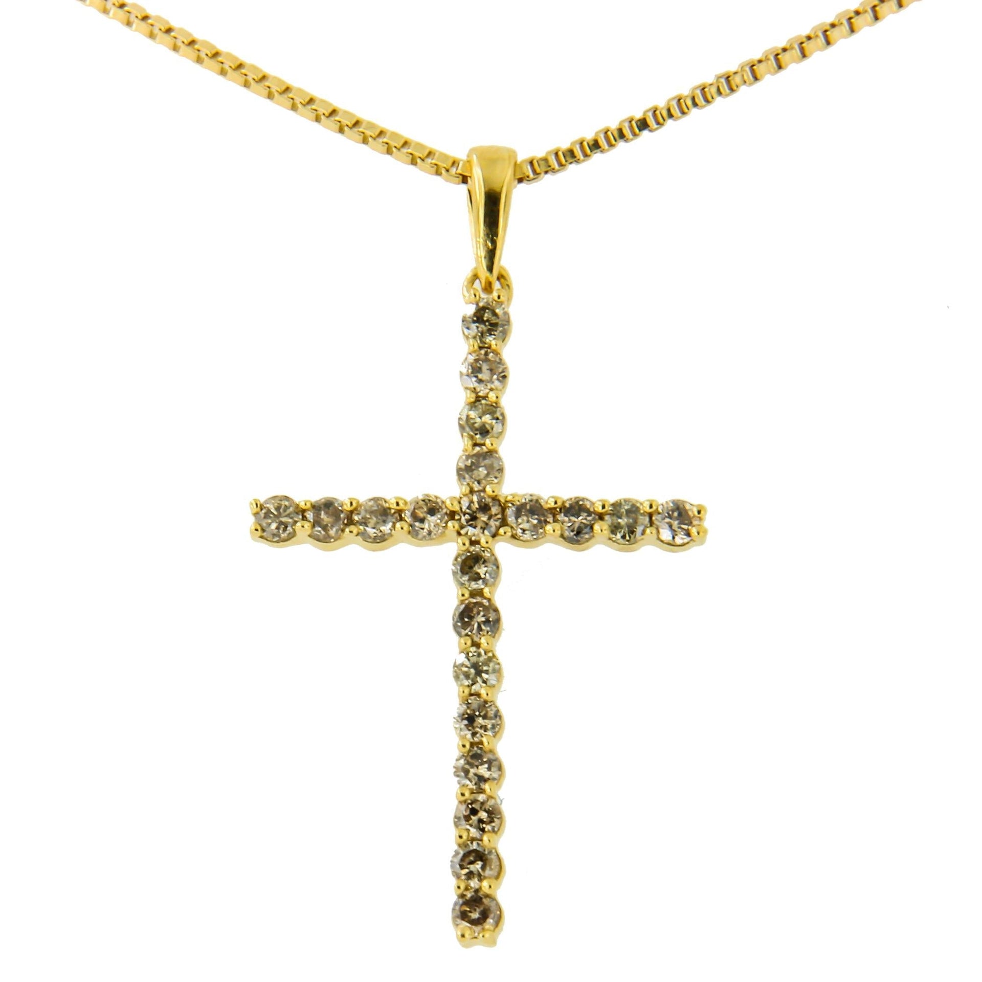 14K Yellow Gold Plated .925 Sterling Silver 1/2 Cttw Champagne Diamond Cross Pendant Necklace (K-L Color, I1-I2 Clarity) - 18'
