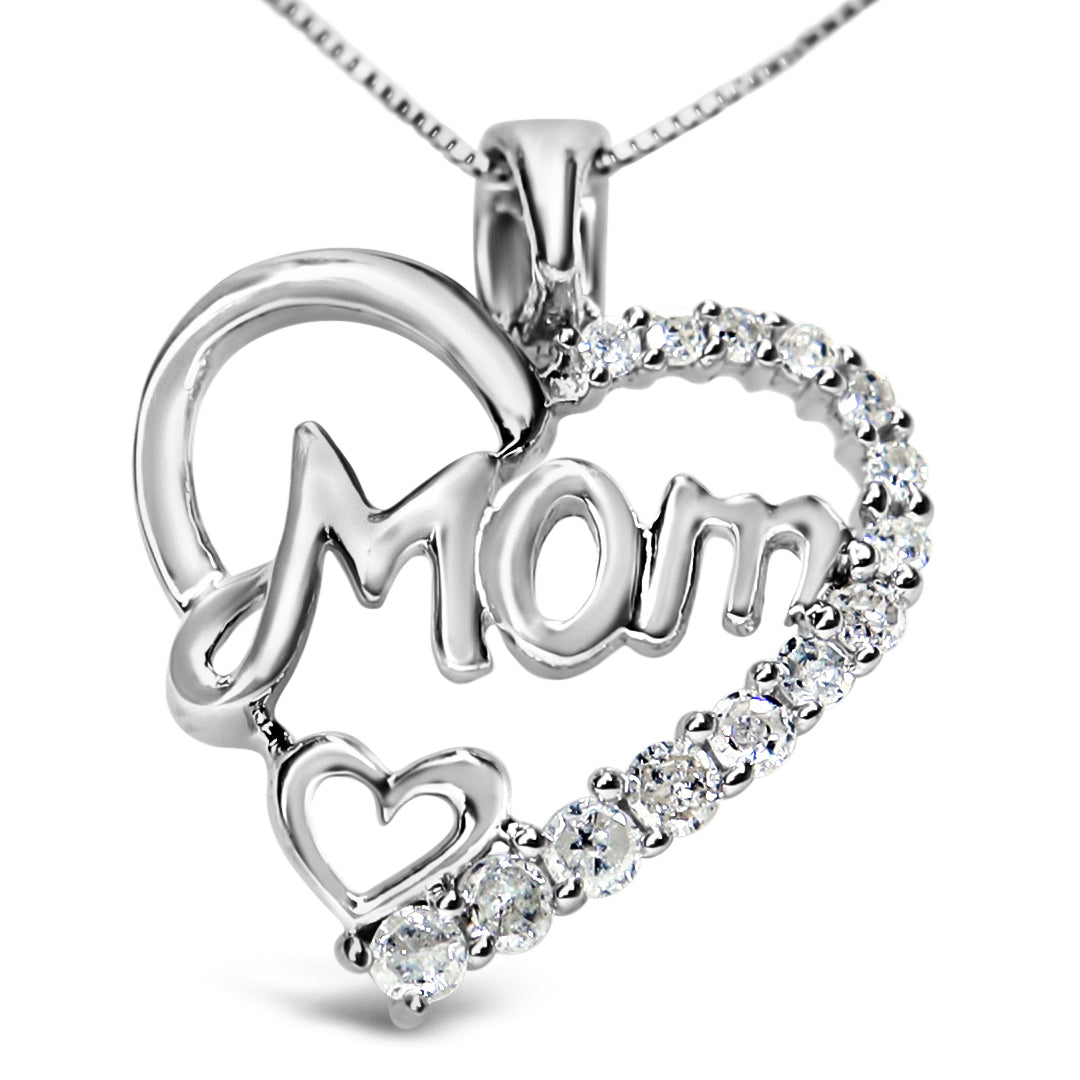 .925 Sterling Silver 1/4 Cttw Round Diamond 'Mom' Heart Pendant 18' Necklace (I-J Color, I3 Clarity)