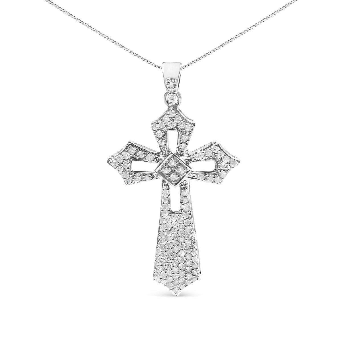 .925 Sterling Silver 1.00 Cttw Diamond Fleur De Lis Cross 18' Pendant Necklace (H-I Color, I2-I3 Clarity)