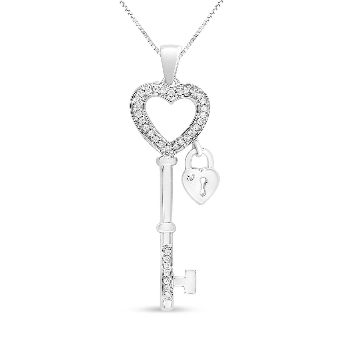 .925 Sterling Silver 1/4 Cttw Diamond Lock & Key heart 18' Pendant Necklace (I-J Color, I3 Clarity)