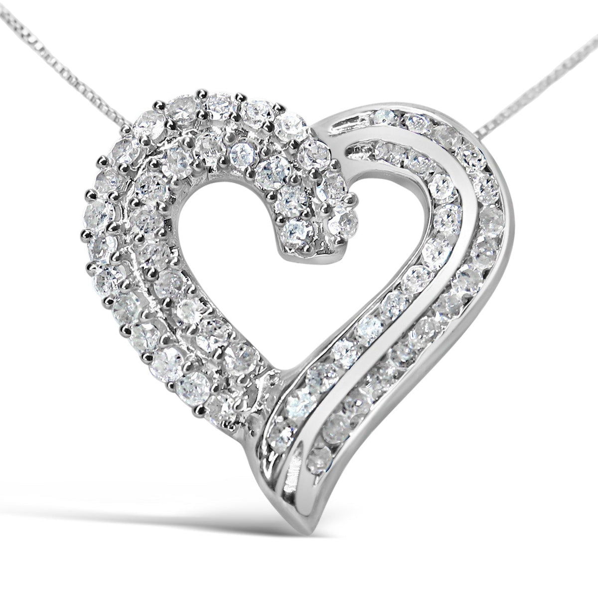 .925 Sterling Silver 1.0 Cttw Prong & Channel-Set Diamond Open work Ribbon Heart Pendant 18' Necklace (I-J Color, I3 Clarity)