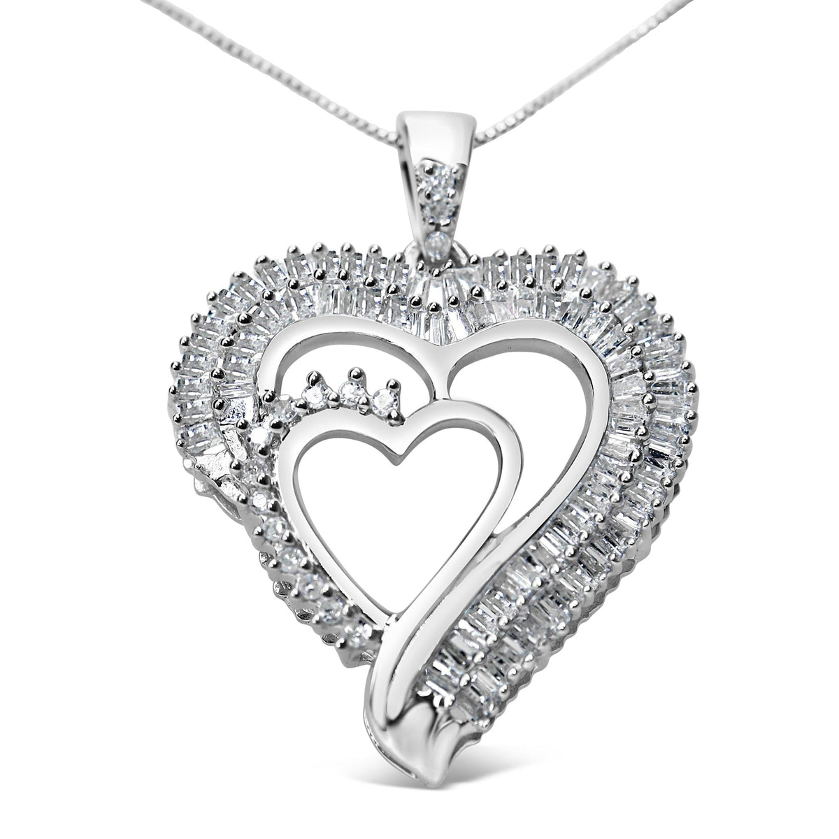 .925 Sterling Silver 3/4 Cttw Round and Baguette Diamond Double Heart Pendant 18' Necklace (I-J Color, I3 Clarity)