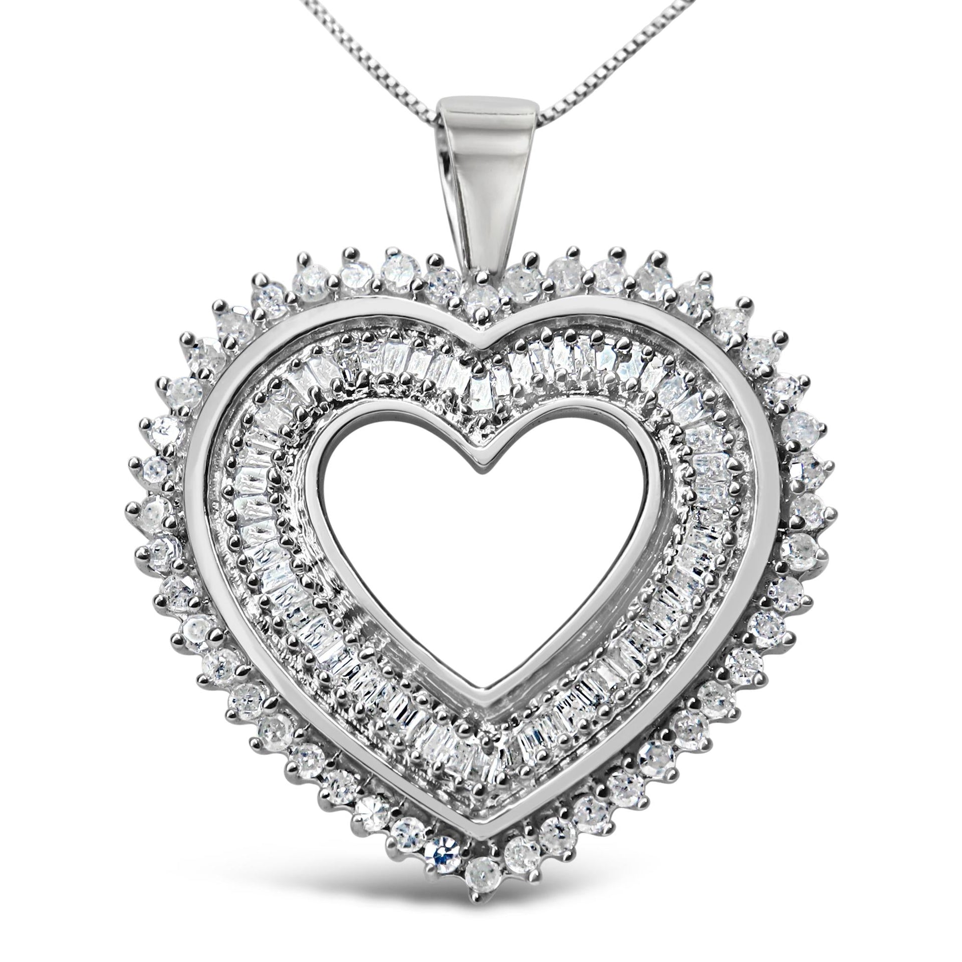 .925 Sterling Silver 1.0 Cttw Baguette and Round Diamond  Heart Pendant 18' Necklace (H-I Color, I3 Clarity)