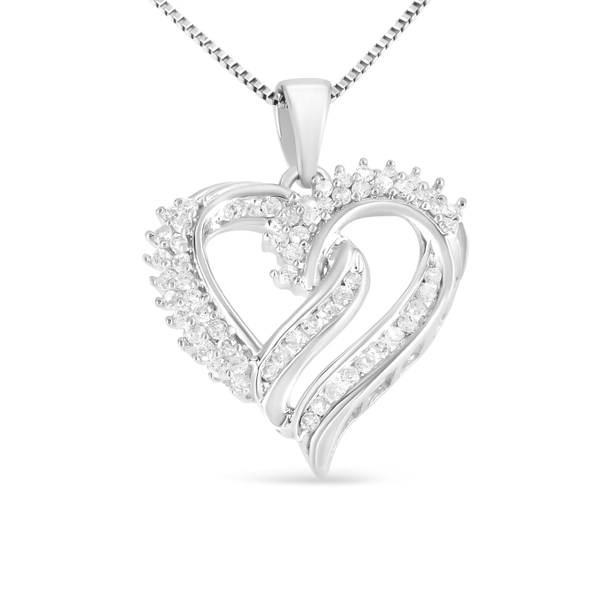 .925 Sterling Silver 1/2 Cttw Diamond Double Row Openwork Heart Pendant 18' Necklace (I-J Color, I3 Clarity)