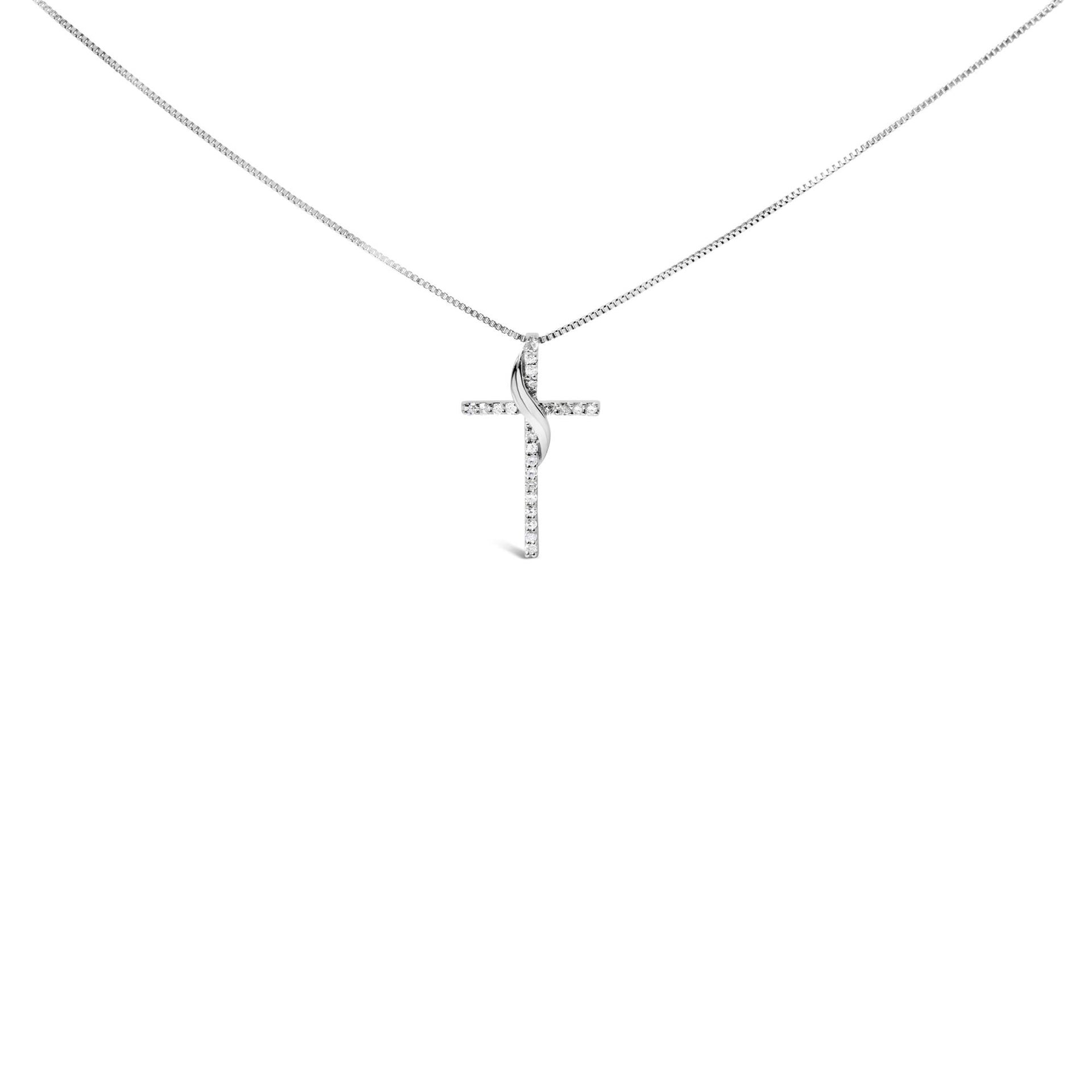 .925 Sterling Silver 1/4 Cttw Diamond Ribbon Swirl over Cross Pendant Necklace (H-I Color, I2-I3 Clarity) - 18' Inches