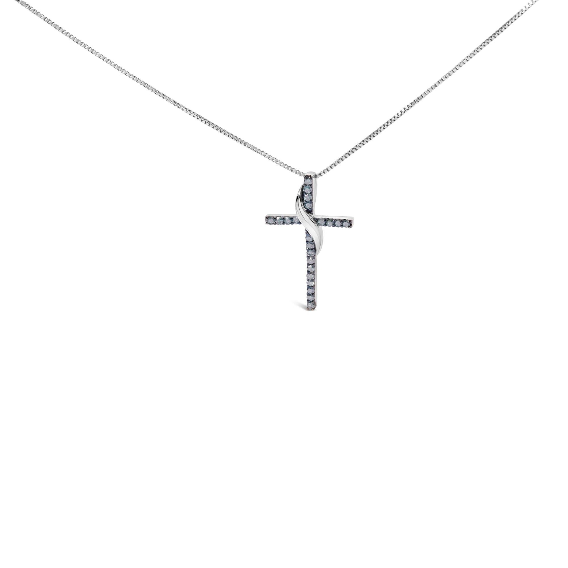 .925 Sterling Silver 1/4 Cttw Blue Diamond Ribbon Swirl over Cross Pendant Necklace (Blue Color, I2-I3 Clarity) - 18' Inches