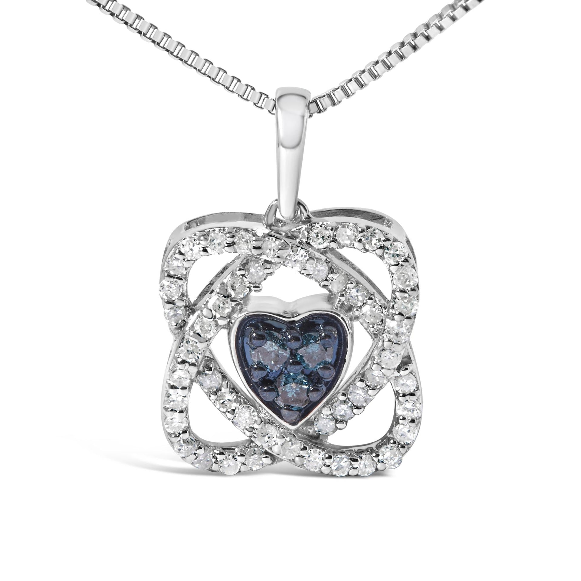 .925 Sterling Silver 3/8 Cttw Blue Diamond Heart and Woven Halo 18' Pendant Necklace (Blue Color, I1-I2 Clarity)