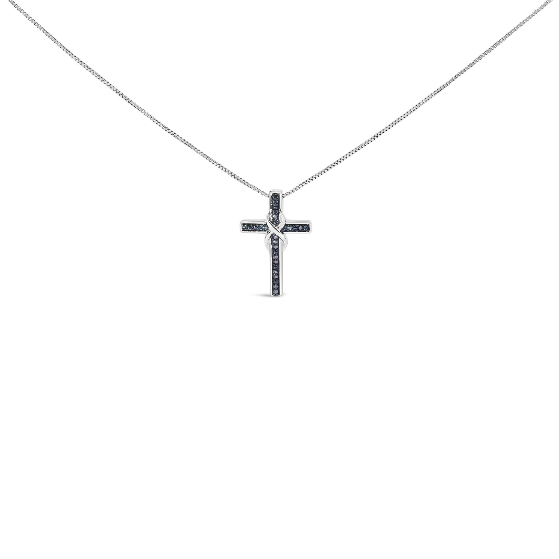 .925 Sterling Silver 1/10 Cttw Blue Diamond Inlaid Cross with Ribbon Pendant Necklace (Blue Color, I2-I3 Clarity) - 18'