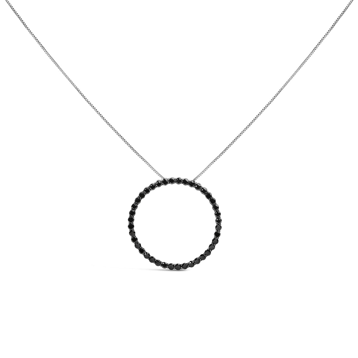 .925 Sterling Silver Black Diamond Open Hoop Circle 18' Pendant Necklace (Black Color, I2-I3 Clarity)