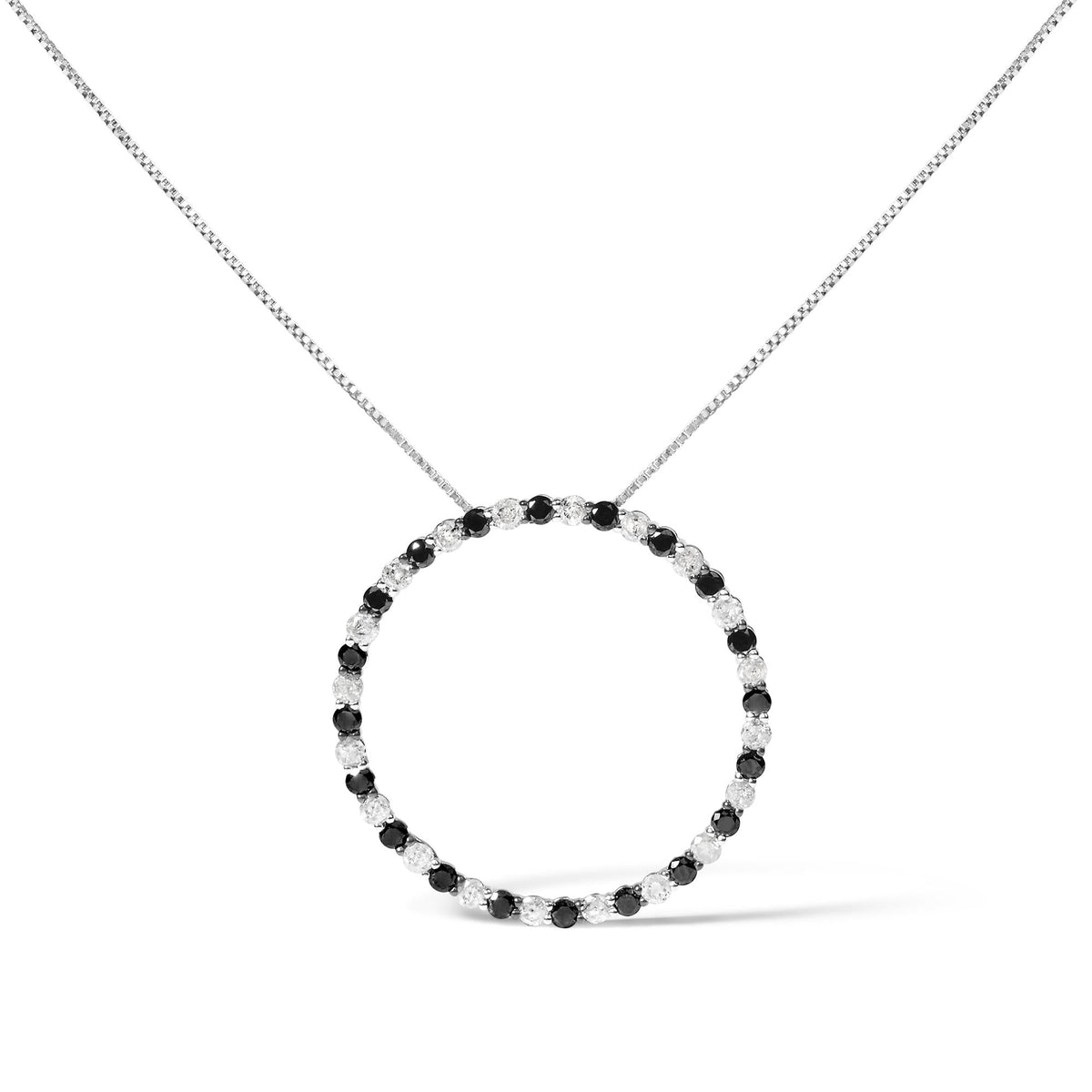 .925 Sterling Silver 2.0 Cttw Alternating Black and White Diamond Open Hoop Circle Pendant Necklace (H-I Color, I2-I3 Clarity) - 18' Inches