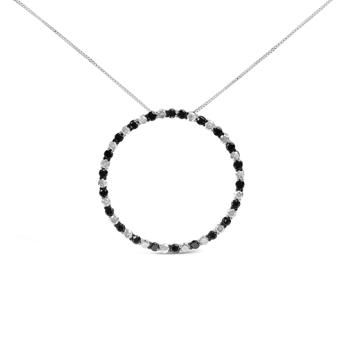 .925 Sterling Silver 3.0 Cttw Alternating Black and White Diamond Open Hoop Circle Pendant Necklace (H-I Color, I3 Clarity) - 18' Inches