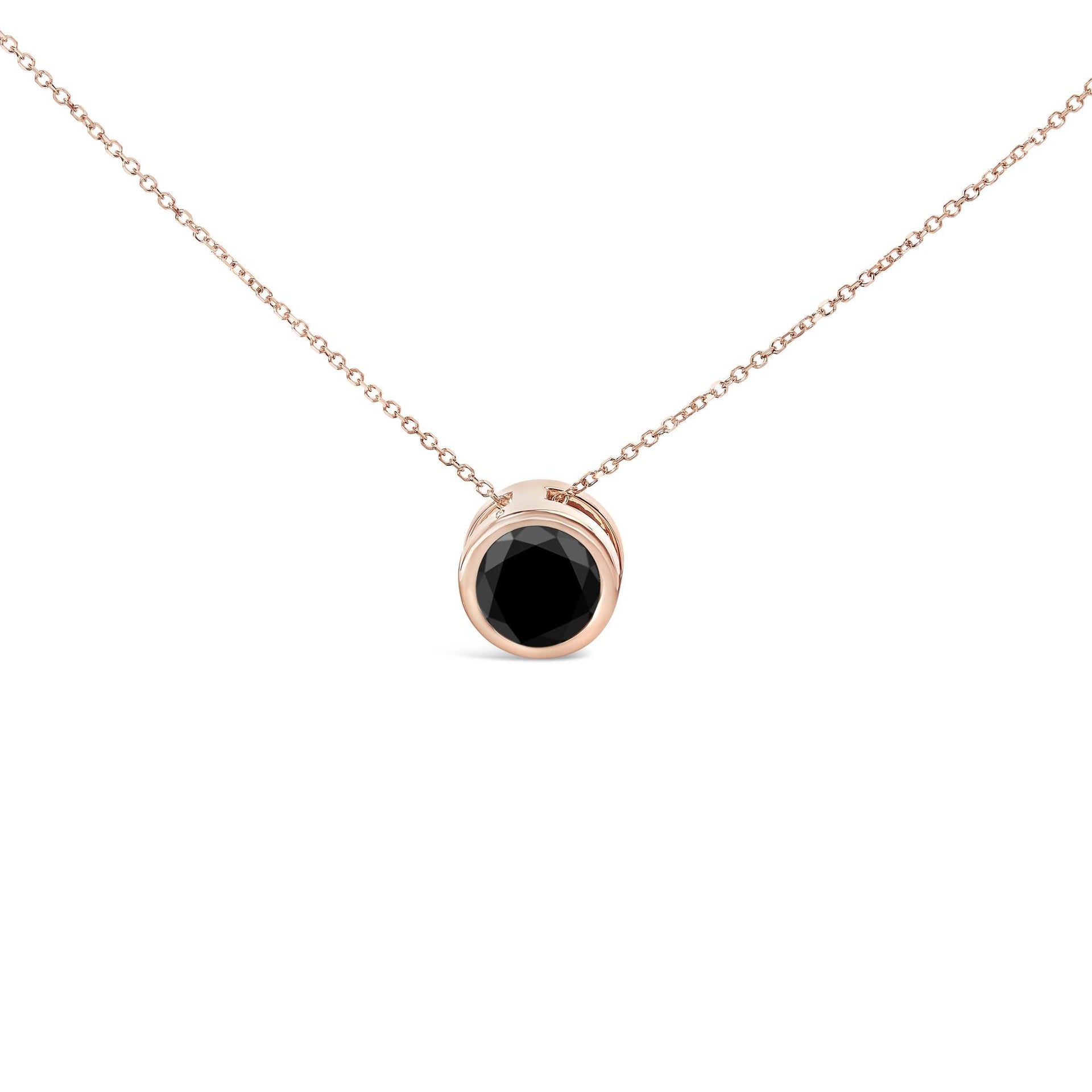 14K Rose Gold Bezel-Set Black Round Diamond Solitaire Pendant Necklace (Black Color, I2-I3 Clarity) - 18'