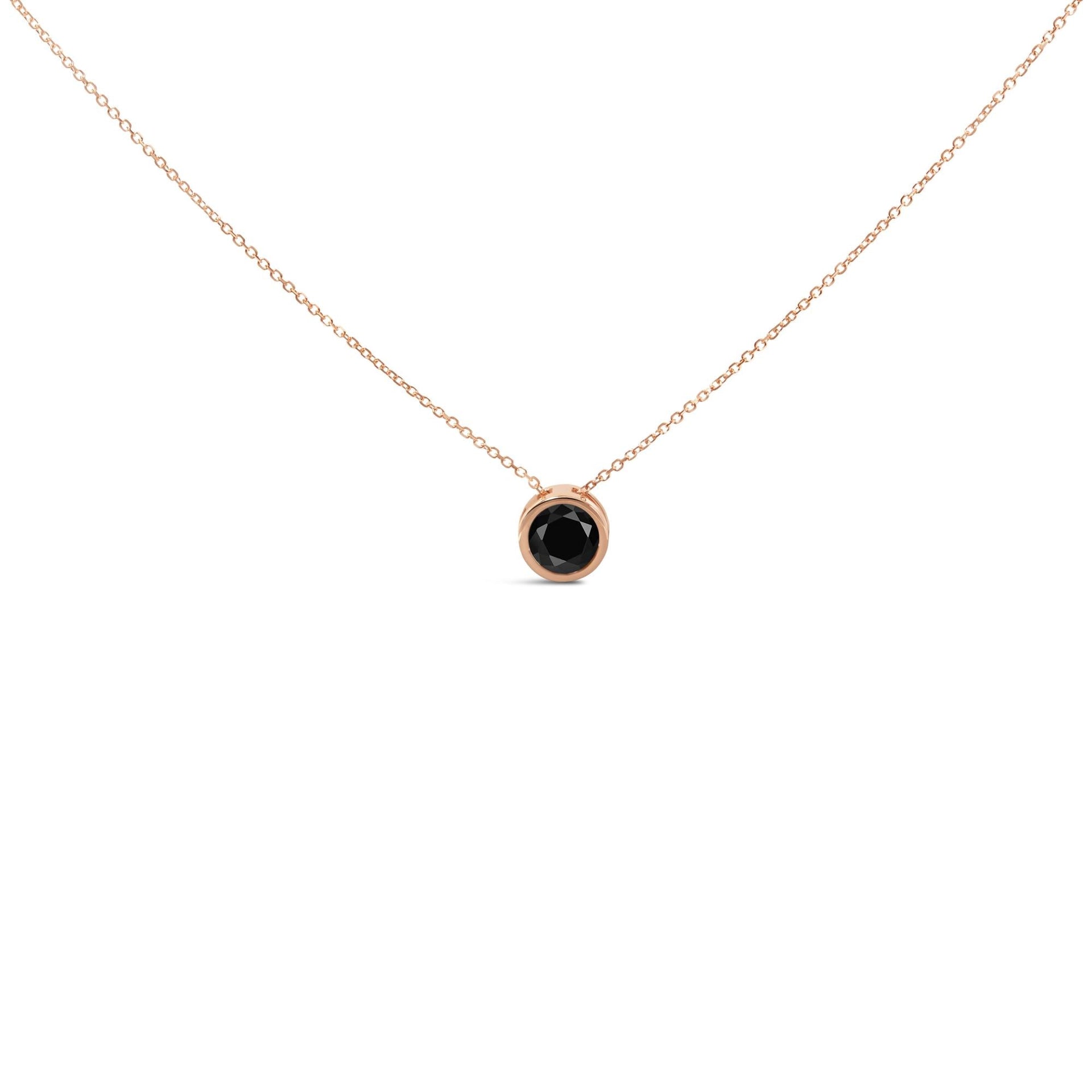 14K Rose Gold Bezel-Set Black Round Diamond Solitaire Pendant Necklace (Black Color, I2-I3 Clarity) - 18'