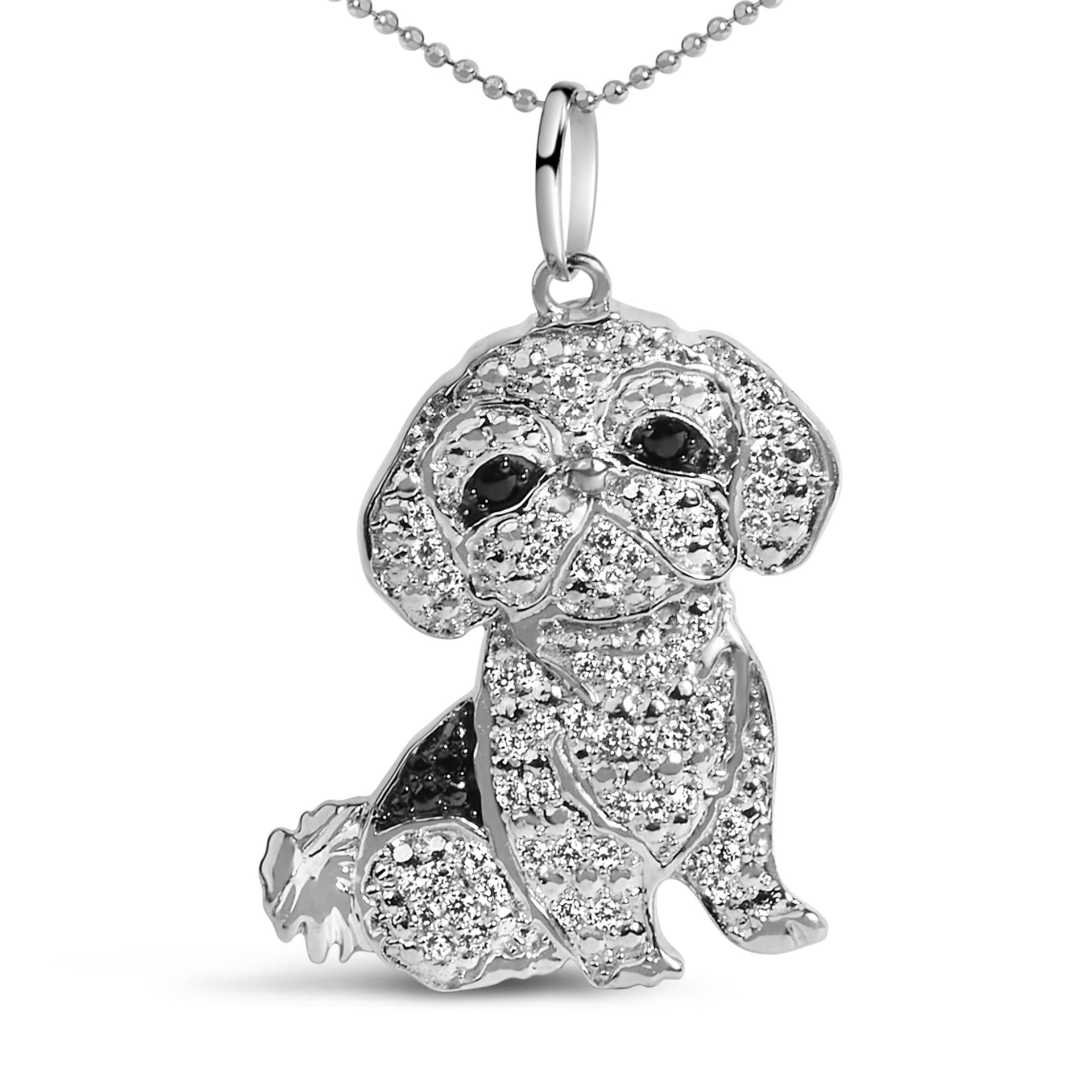 .925 Sterling Silver 1/2 Cttw White and Black Diamond Shih Tzu Dog 18' Pendant Necklace (I-J Color, I2-I3 Clarity)