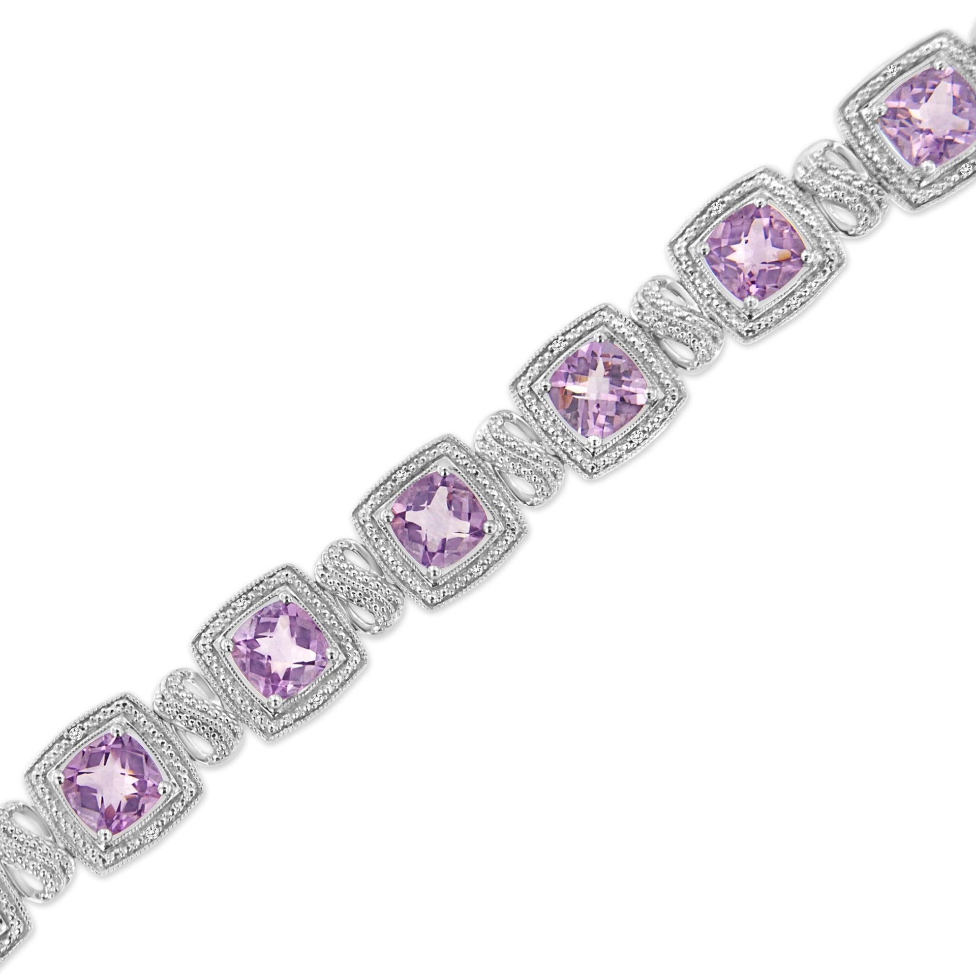 .925 Sterling Silver 7x7 mm Cushion Cut Purple Amethyst and 1/10 cttw Round Cut Diamond Square Shape Tennis Bracelet (I-J Color, I1-I2 Clarity) - 7'