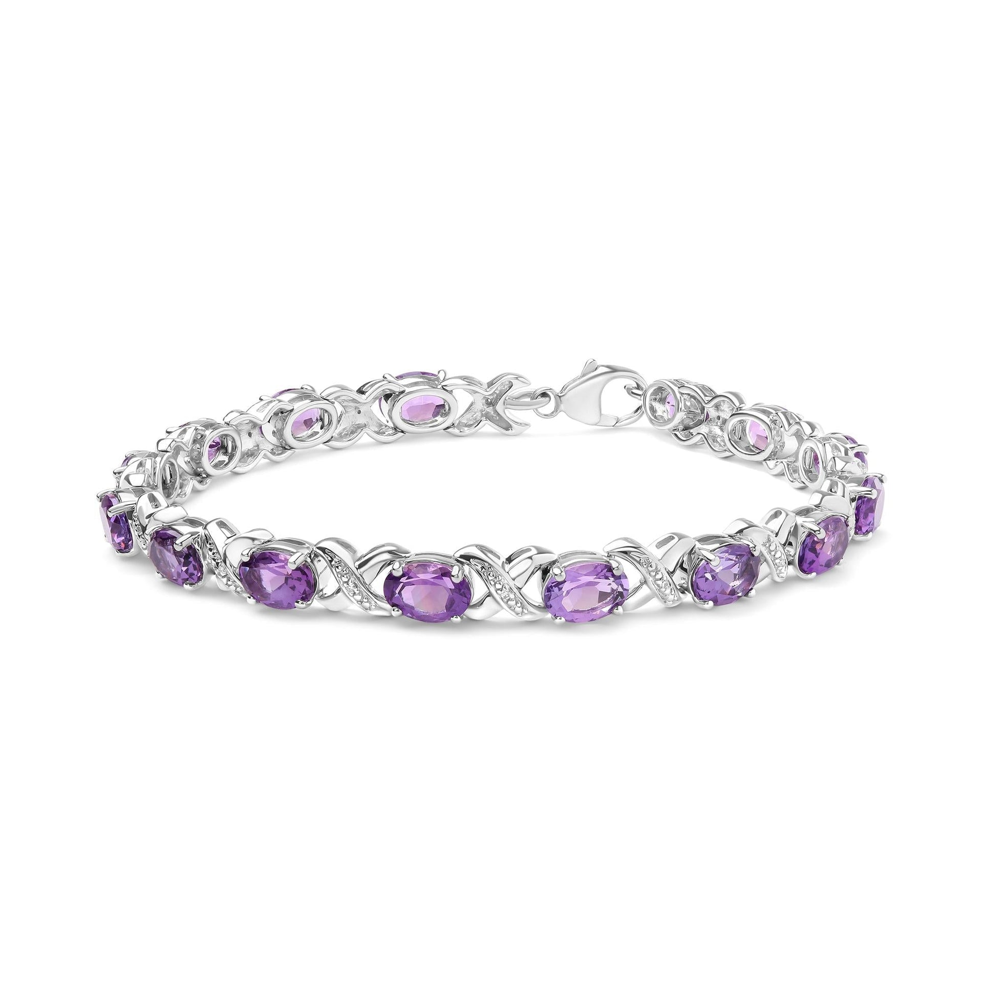 .925 Sterling Silver 7x5mm Oval Amethyst and Diamond Accent X-Link Bracelet (H-I Color, SI1-SI2 Clarity)  - Size 7'