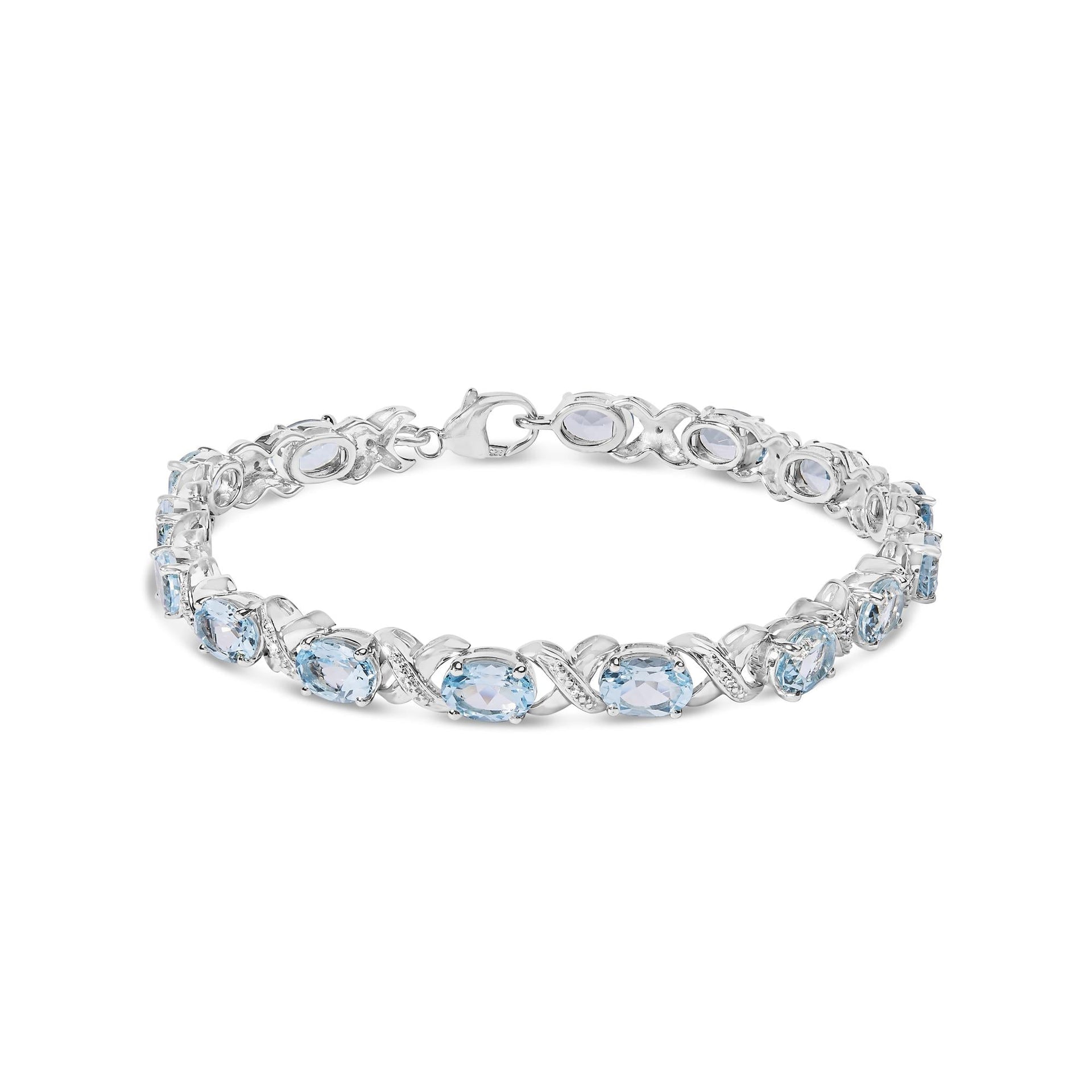 .925 Sterling Silver 16.0 Cttw Oval Blue Topaz and Diamond Accent Tennis X Link Bracelet (I-J Color, I1-I2 Clarity) - Size 7' Inch