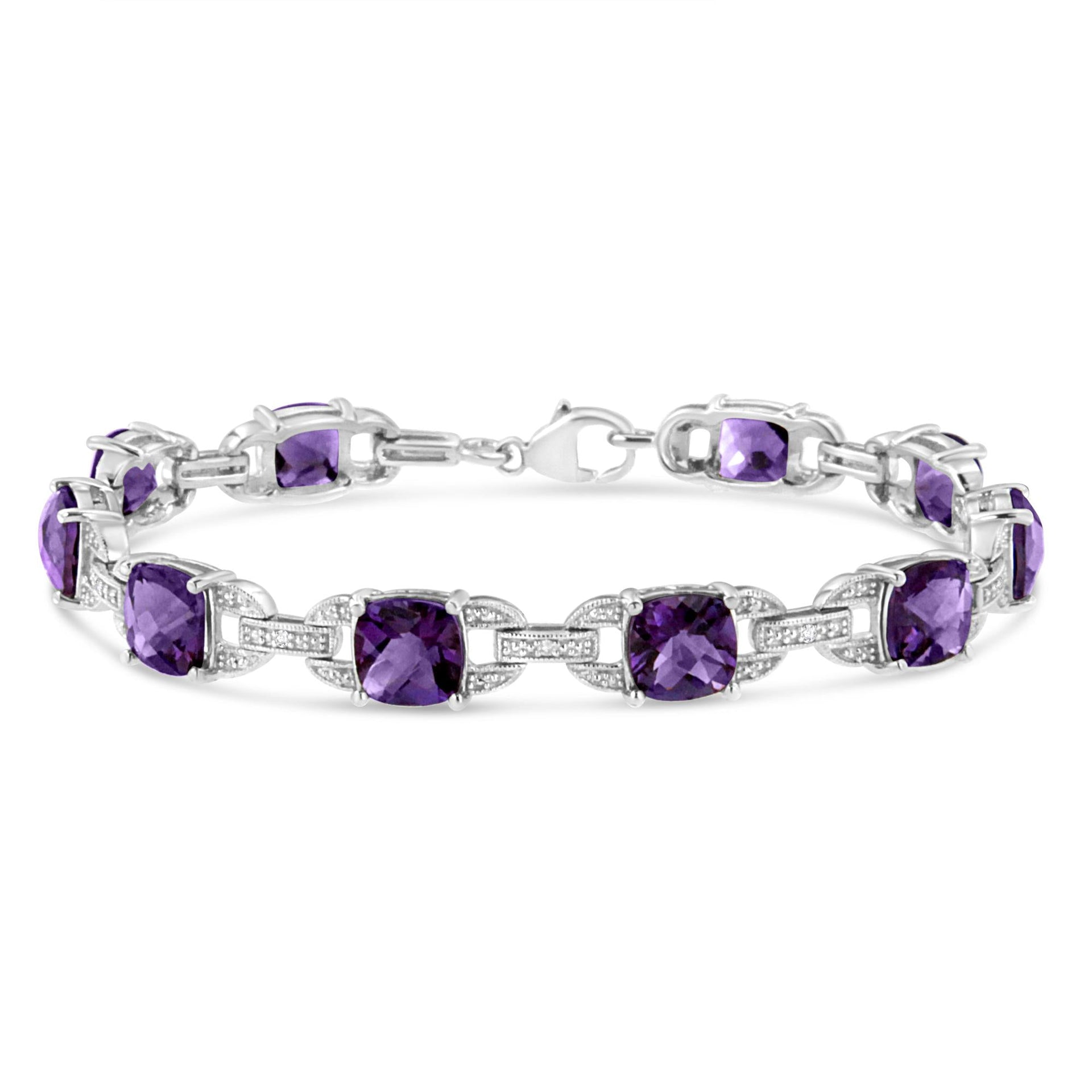 .925 Sterling Silver 7mm Cushion Cut Amethyst Gemstone and Diamond Tennis Link Bracelet (I-J Color, I1-I2 Clarity) - Size 7'