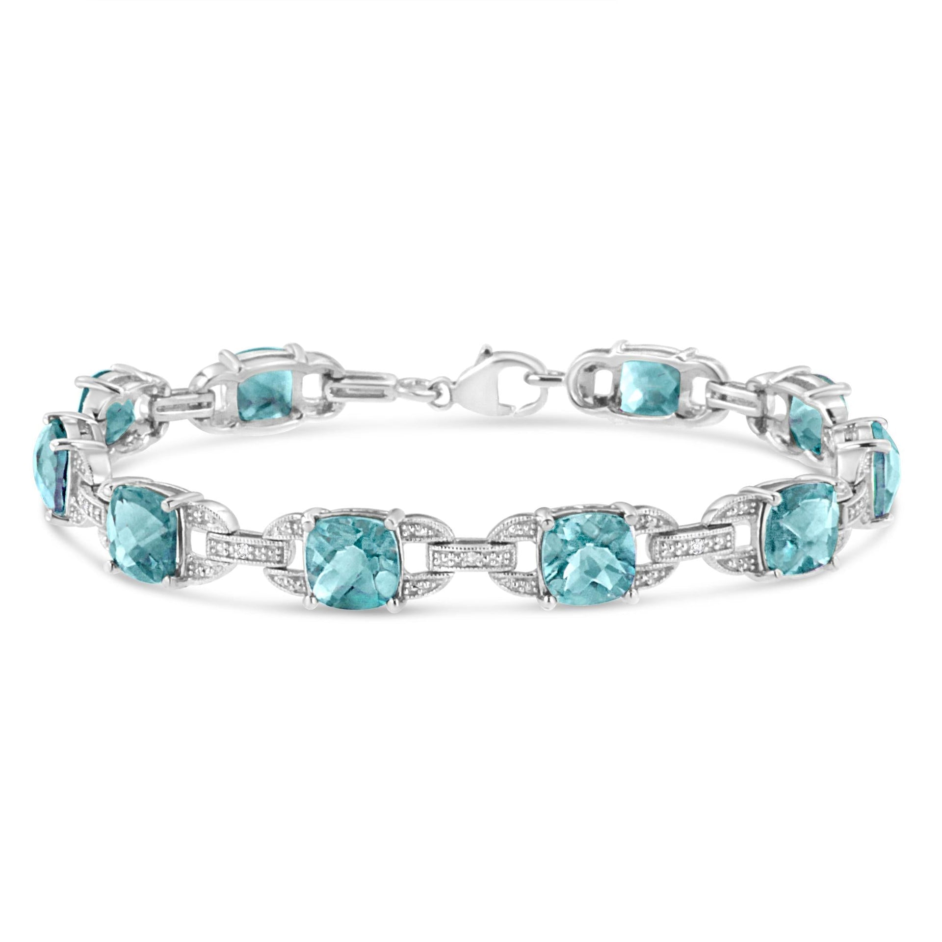 .925 Sterling Silver 7x7 mm Cushion Cut Blue Topaz and 1/20 cttw Round Cut Diamond Fashion Tennis Bracelet (I-J Color, I1-I2 Clarity) - 7'