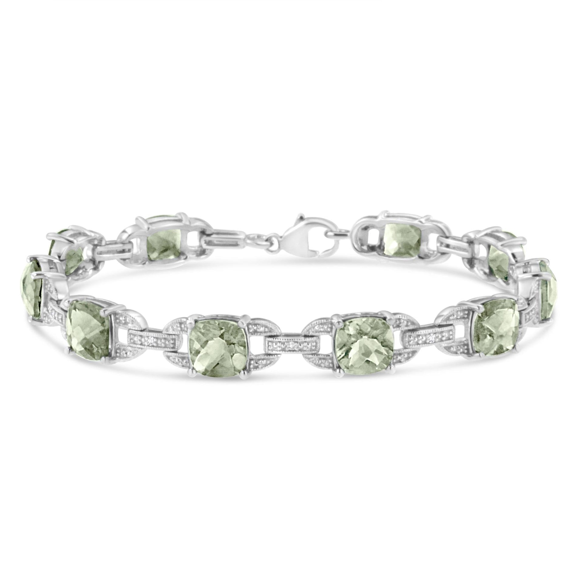 .925 Sterling Silver 7x7 mm Cushion Cut Green Amethyst and 1/20 cttw Round Cut Diamond Fashion Tennis Bracelet (I-J Color, I1-I2 Clarity) - 7'