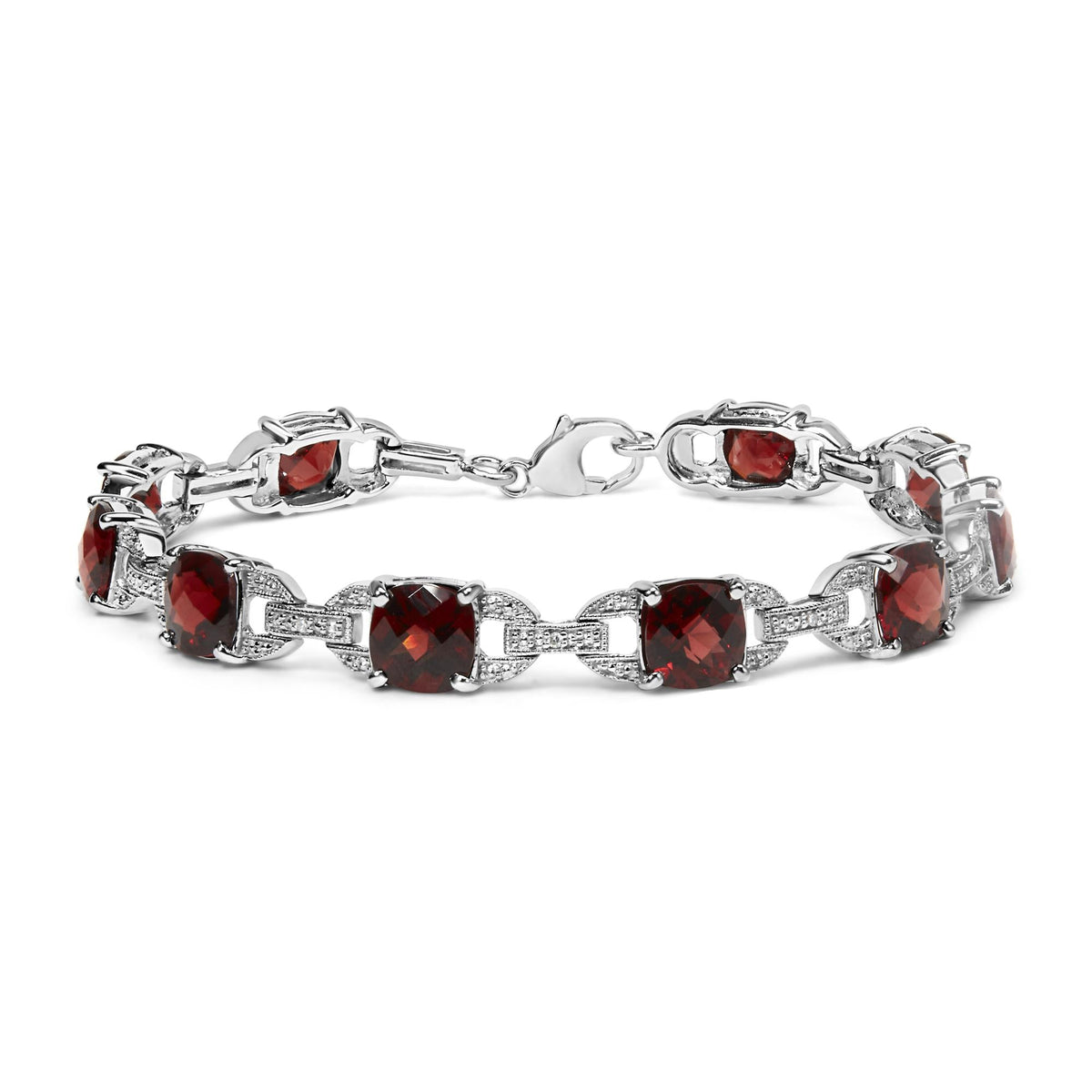 .925 Sterling Silver 7x7mm Checkered Cushion Red Garnet and Diamond Accent Fashion Tennis Link Bracelet (I-J Color, I1-I2 Clarity) - Size 7' Inch