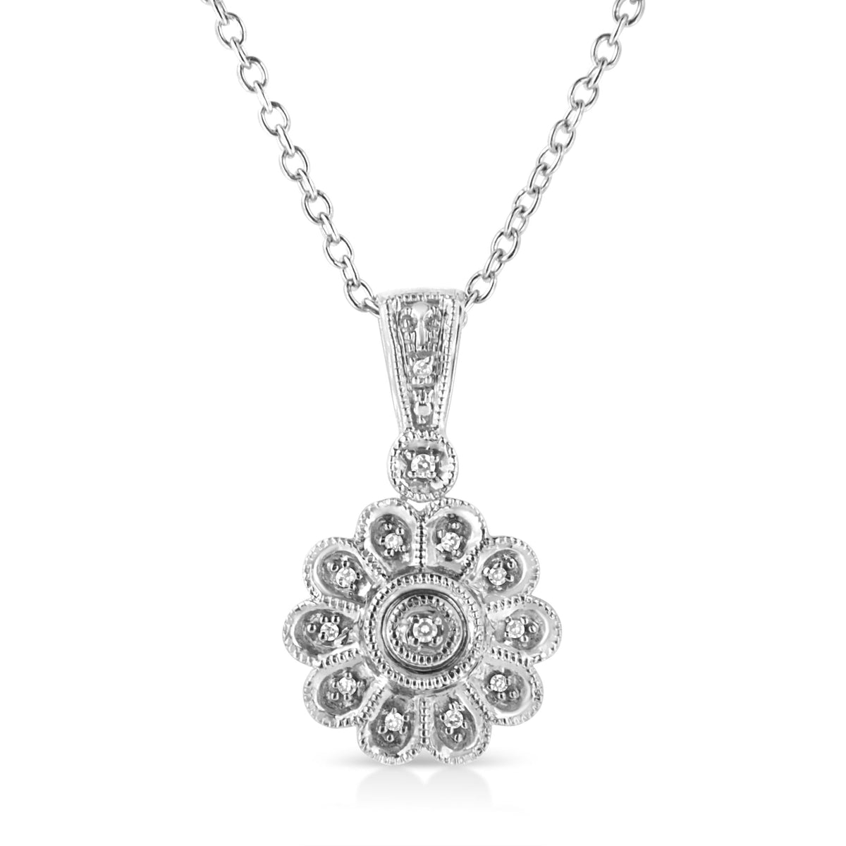 .925 Sterling Silver Diamond Accent Sunburst Milgrain 18' Pendant Necklace (I-J Color, I1-I2 Clarity)